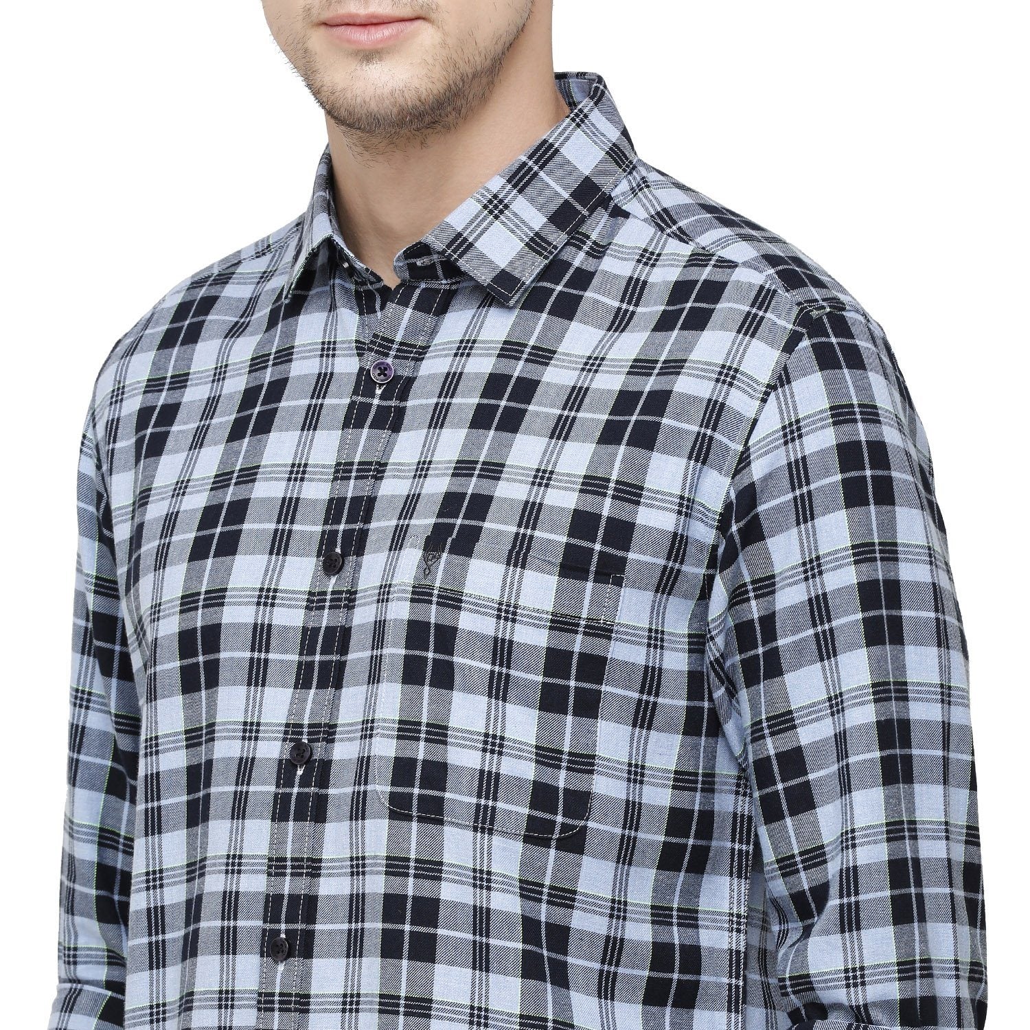 Classic Polo Mens Checks Collar Neck Full Sleeve Slim Fit 98% COTTON 2%NEON DYED Navy Blue Fashion Woven Shirt ( SM2-91 A-FS-CHK-SF ) Shirts Classic Polo 
