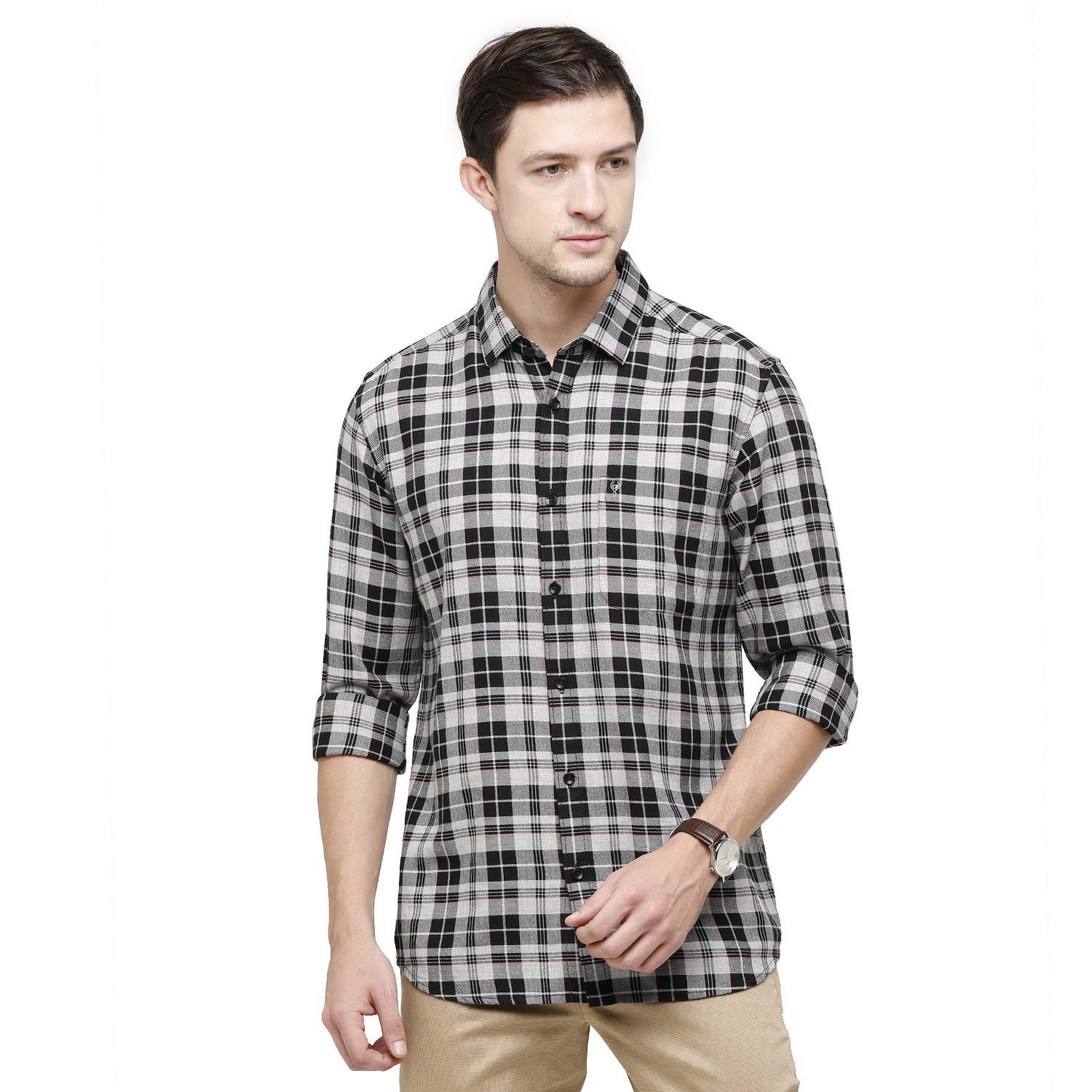 Classic Polo Mens Checks Collar Neck Full Sleeve Slim Fit 98% COTTON 2%NEON DYED Grey Fashion Woven Shirt ( SM2-91 B-FS-CHK-SF ) Shirts Classic Polo 