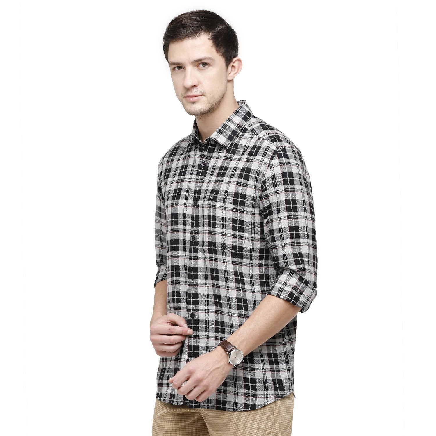 Classic Polo Mens Checks Collar Neck Full Sleeve Slim Fit 98% COTTON 2%NEON DYED Grey Fashion Woven Shirt ( SM2-91 B-FS-CHK-SF ) Shirts Classic Polo 
