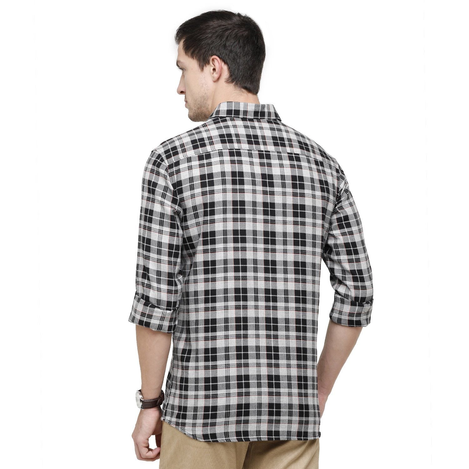 Classic Polo Mens Checks Collar Neck Full Sleeve Slim Fit 98% COTTON 2%NEON DYED Grey Fashion Woven Shirt ( SM2-91 B-FS-CHK-SF ) Shirts Classic Polo 