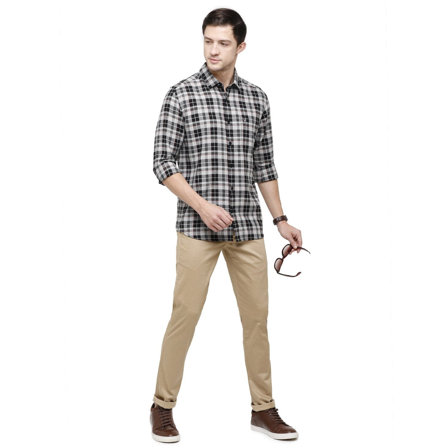 Classic Polo Mens Checks Collar Neck Full Sleeve Slim Fit 98% COTTON 2%NEON DYED Grey Fashion Woven Shirt ( SM2-91 B-FS-CHK-SF ) Shirts Classic Polo 
