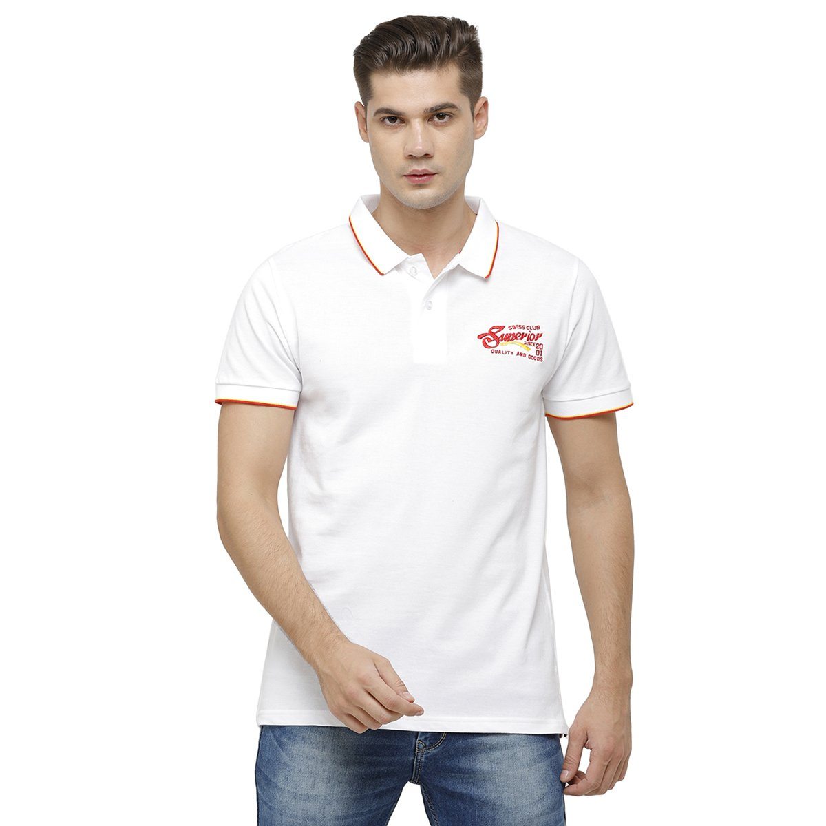 Swiss Club Mens Polo Collar Half Sleeve White Slim Fit 100% Cotton T-shirt STAG - 192 B SF P T-shirt Swiss Club 