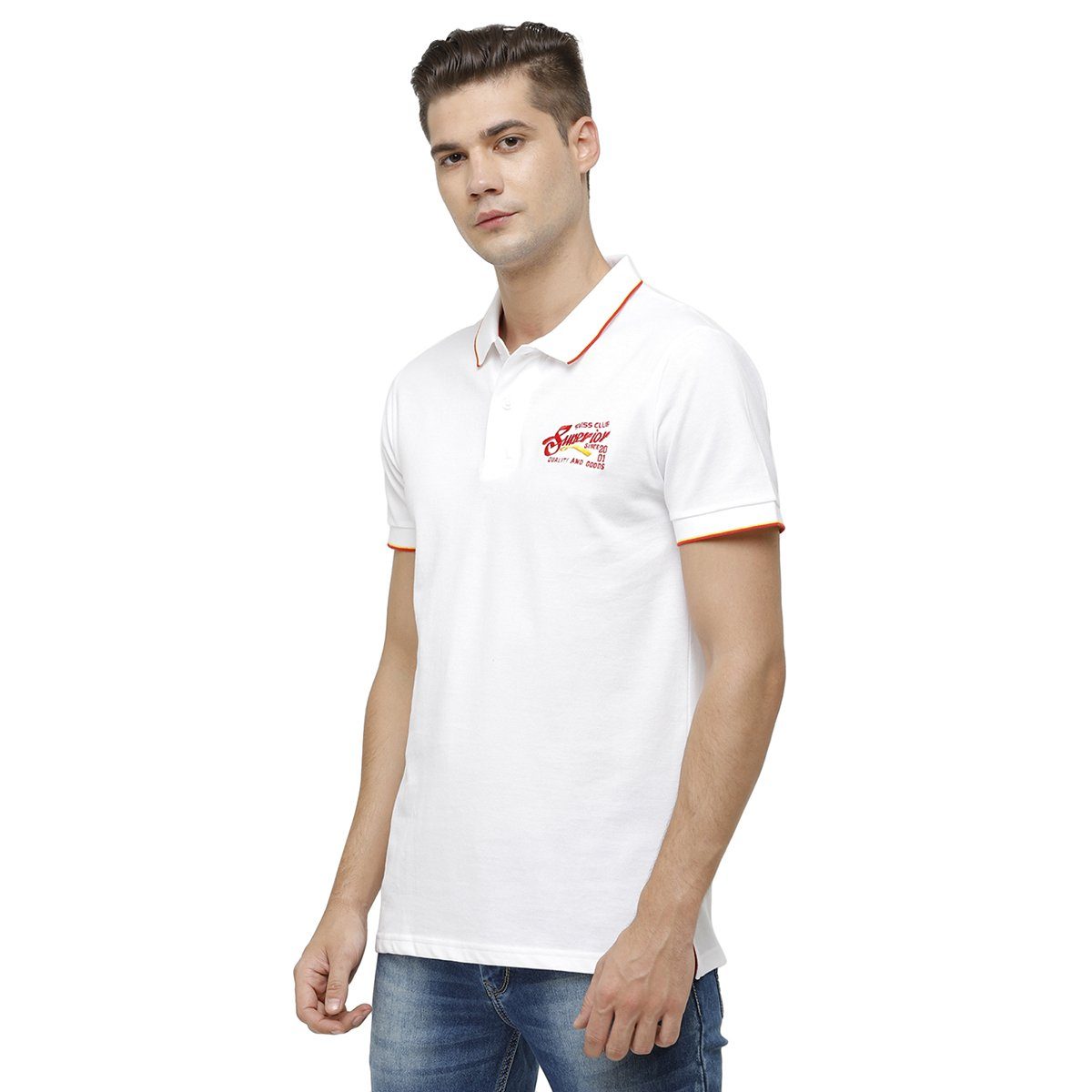 Swiss Club Mens Polo Collar Half Sleeve White Slim Fit 100% Cotton T-shirt STAG - 192 B SF P T-shirt Swiss Club 