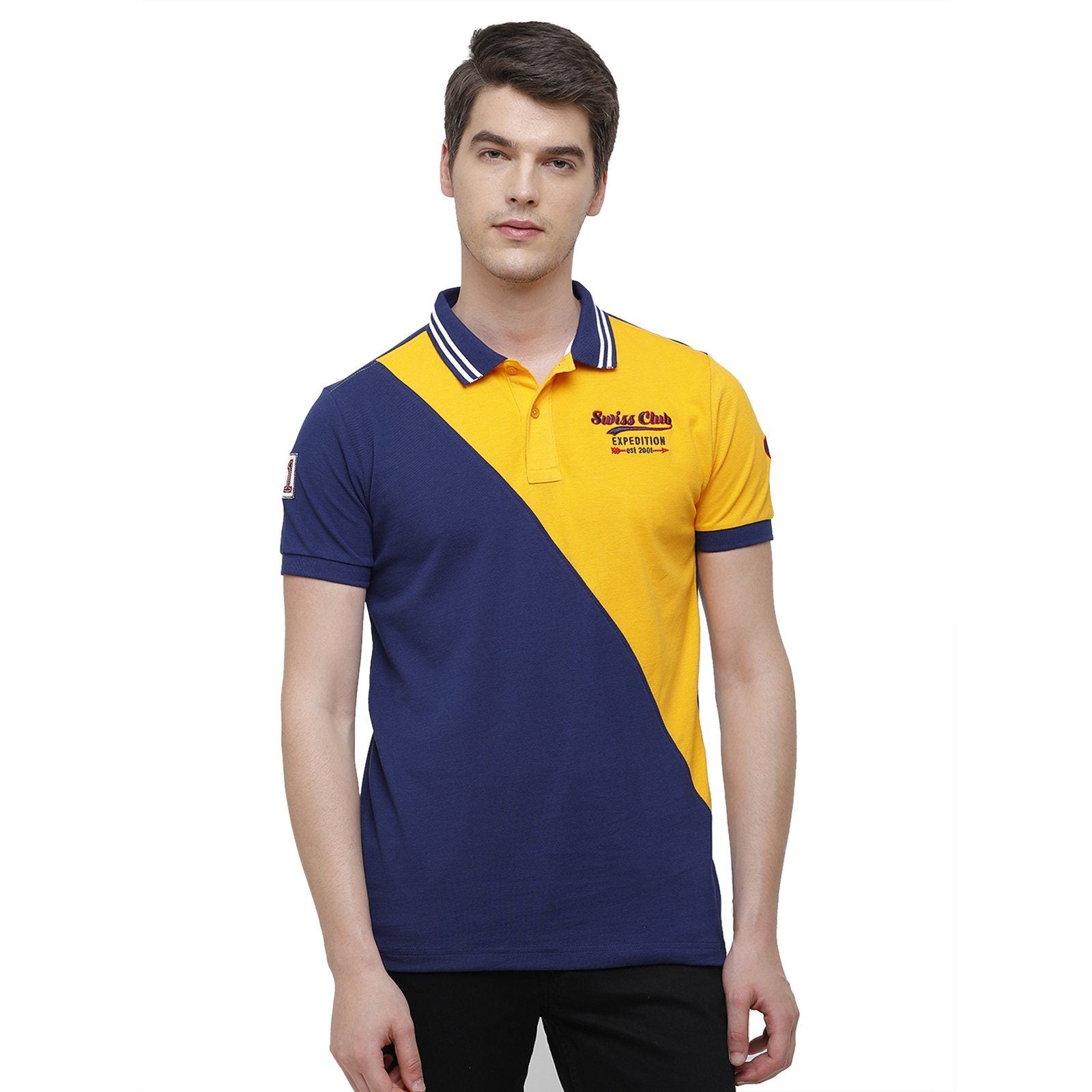Swiss Club Men's Slim Fit Polo Collar Half Sleeve Stripe Cotton Multi T-Shirt STAG - 195 A SF P T-shirt Swiss Club 