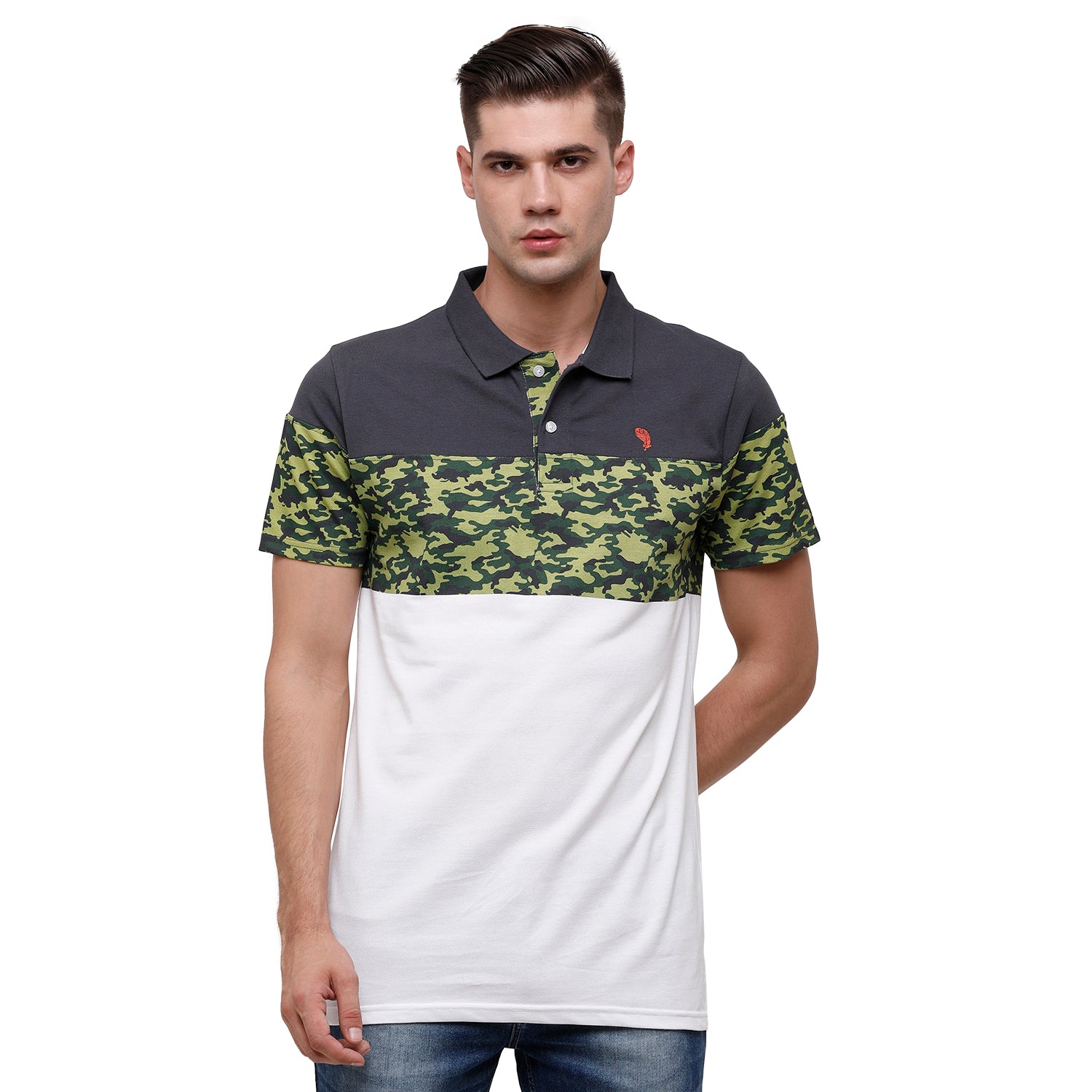 Swiss Club Mens Printed Polo Neck Half Sleeve Slim Fit 100% Cotton Olive & White Fashion T-Shirt - STAG - 196 B SF P T-shirt Swiss Club 