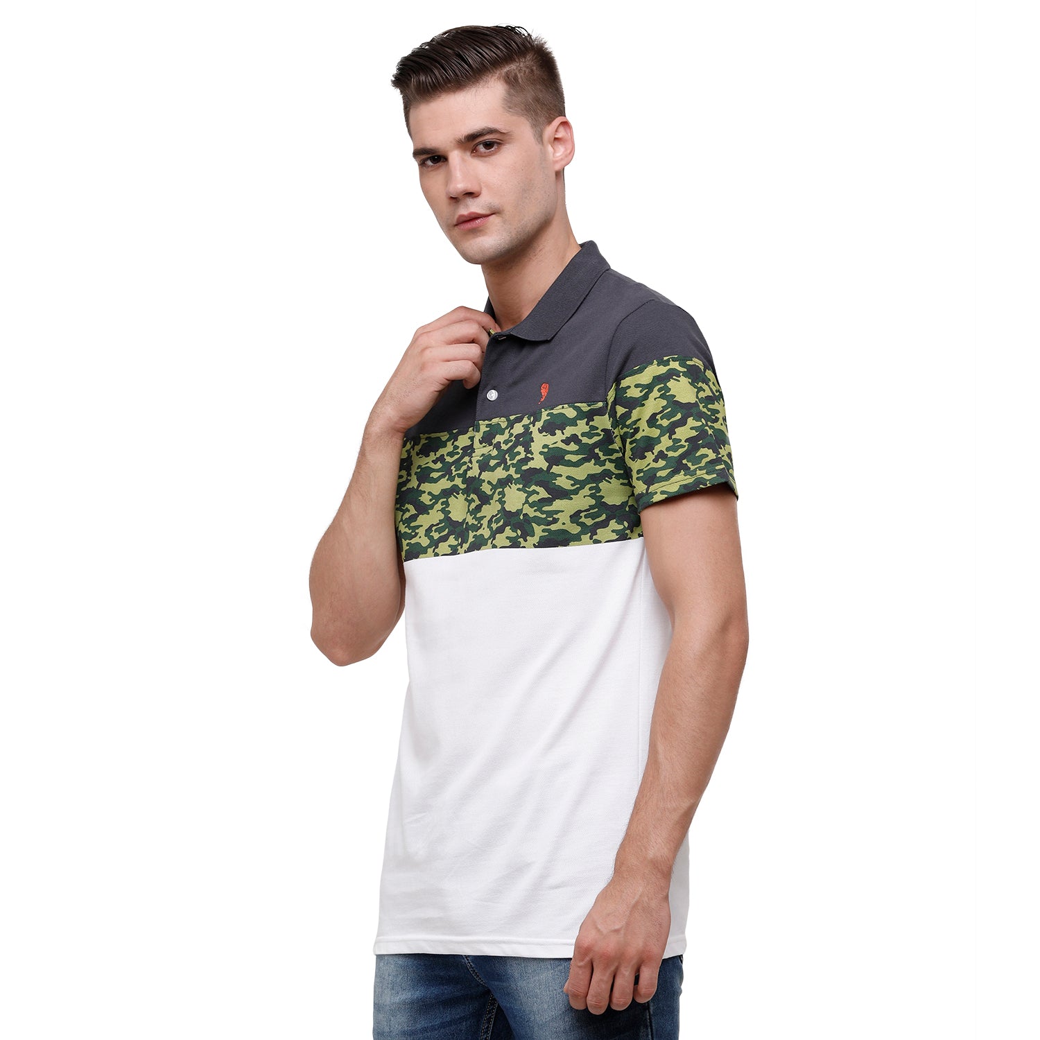Swiss Club Mens Printed Polo Neck Half Sleeve Slim Fit 100% Cotton Olive & White Fashion T-Shirt - STAG - 196 B SF P T-shirt Swiss Club 