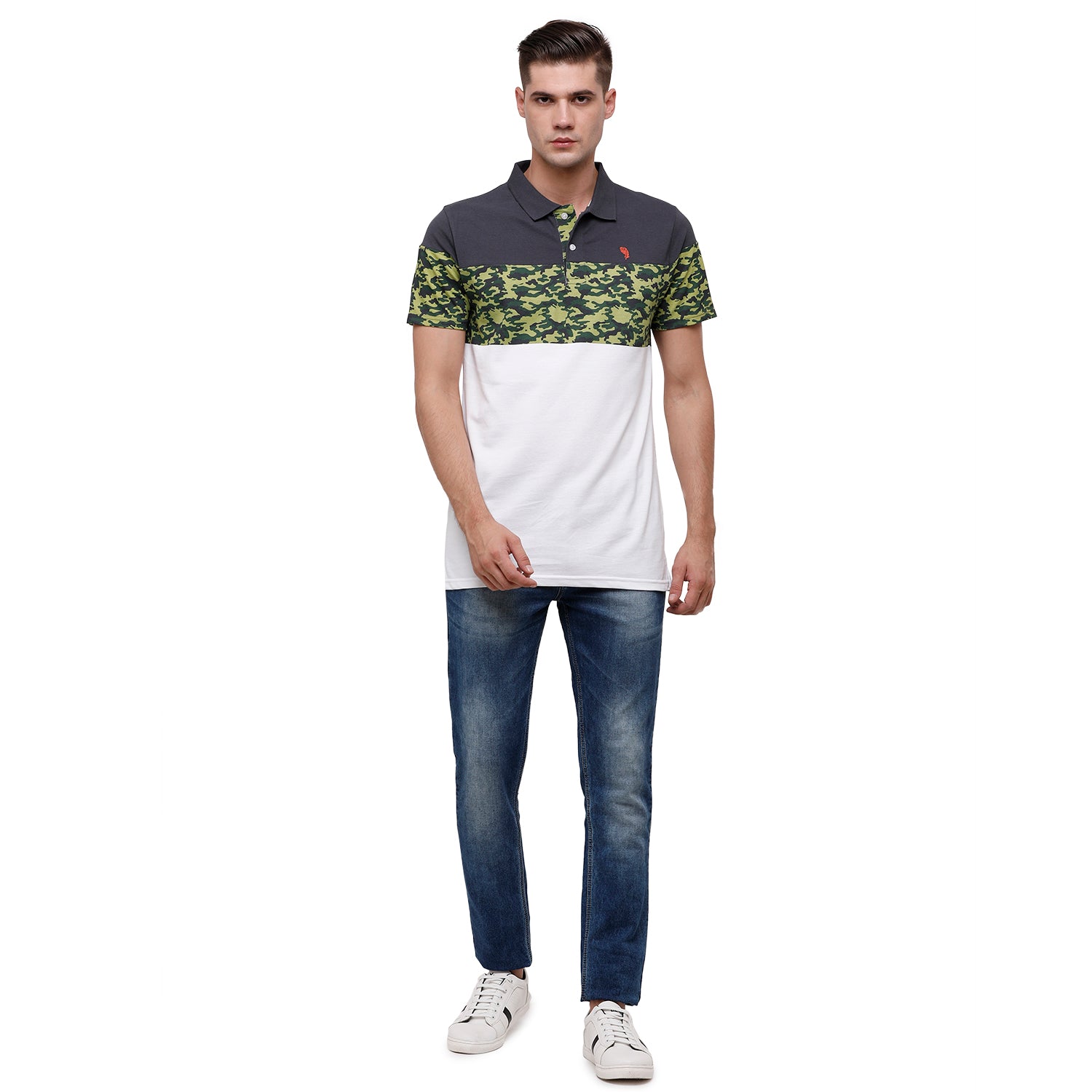 Swiss Club Mens Printed Polo Neck Half Sleeve Slim Fit 100% Cotton Olive & White Fashion T-Shirt - STAG - 196 B SF P T-shirt Swiss Club 