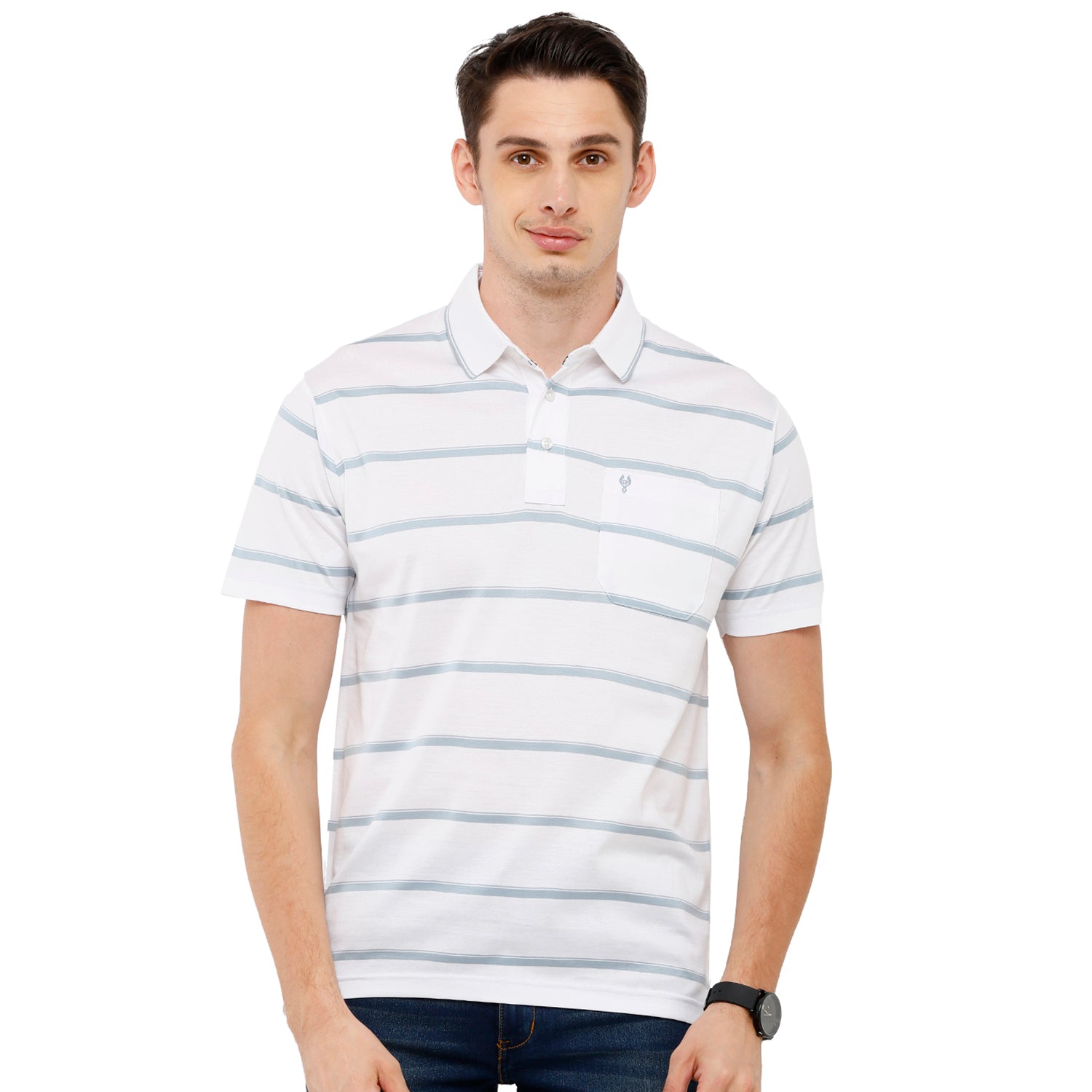 Classic Polo Men's Striped Authentic Fit Half Sleeve Premium White Stripe T-Shirt - Ultimo - 254 A T-shirt Classic Polo 