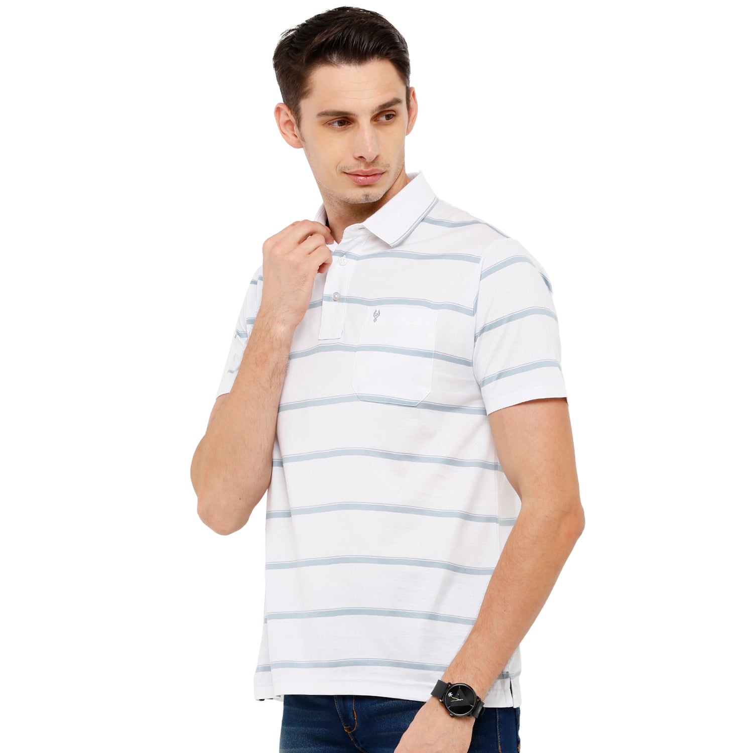 Classic Polo Men's Striped Authentic Fit Half Sleeve Premium White Stripe T-Shirt - Ultimo - 254 A T-shirt Classic Polo 