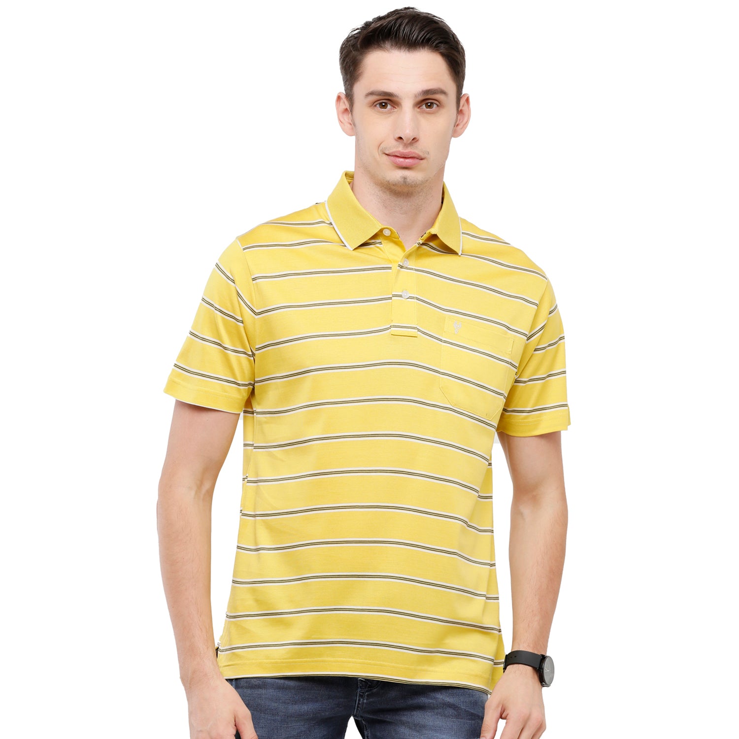 Classic Polo Men's Striped Authentic Fit Half Sleeve Premium Lemon Yellow Stripe T-Shirt - Ultimo -255 B T-shirt Classic Polo 