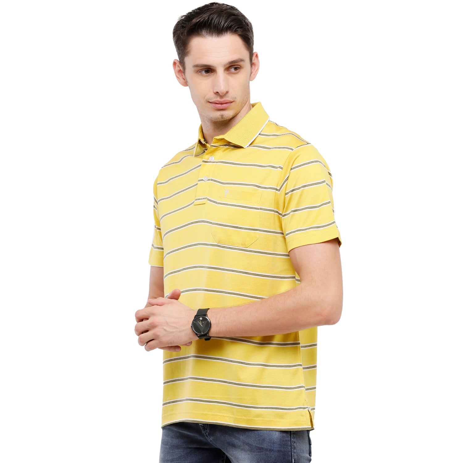 Classic Polo Men's Striped Authentic Fit Half Sleeve Premium Lemon Yellow Stripe T-Shirt - Ultimo -255 B T-shirt Classic Polo 