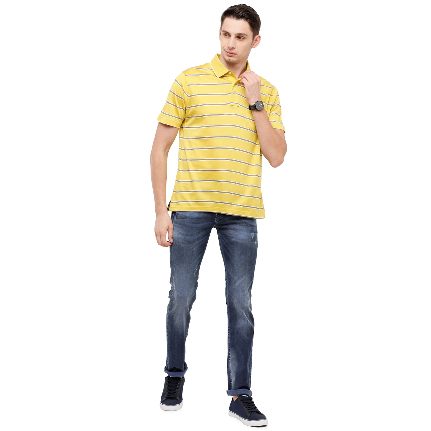 Classic Polo Men's Striped Authentic Fit Half Sleeve Premium Lemon Yellow Stripe T-Shirt - Ultimo -255 B T-shirt Classic Polo 