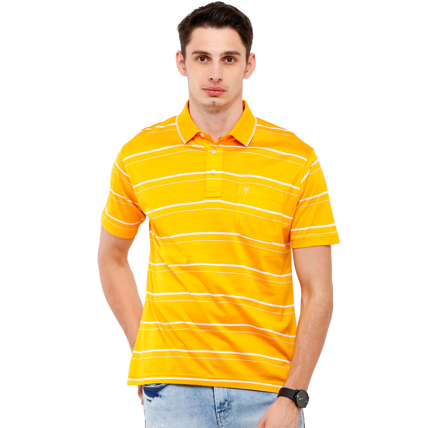 Classic Polo Men's Striped Authentic Fit Half Sleeve Premium Yellow Stripe T-Shirt - Ultimo - 256 B T-shirt Classic Polo 