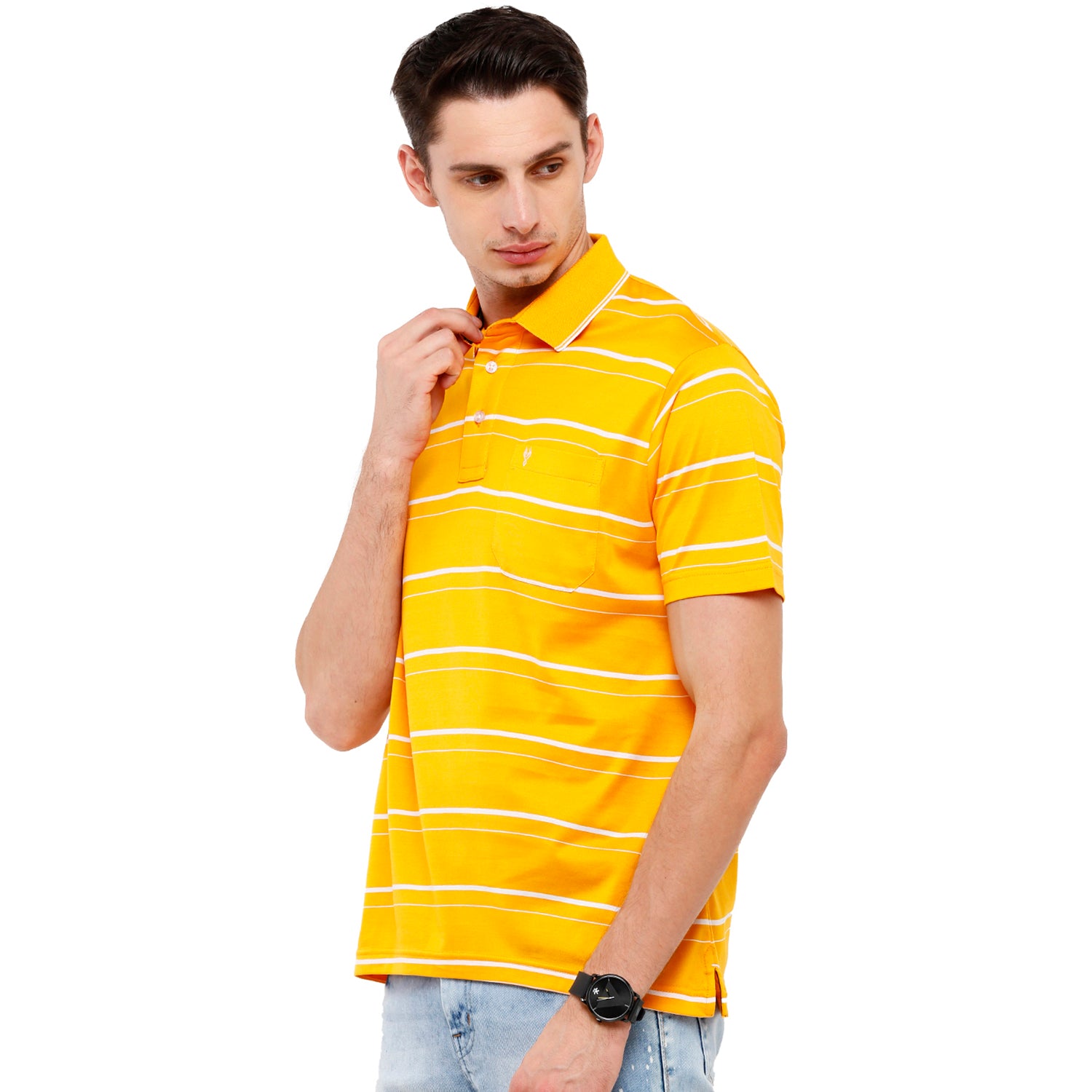 Classic Polo Men's Striped Authentic Fit Half Sleeve Premium Yellow Stripe T-Shirt - Ultimo - 256 B T-shirt Classic Polo 