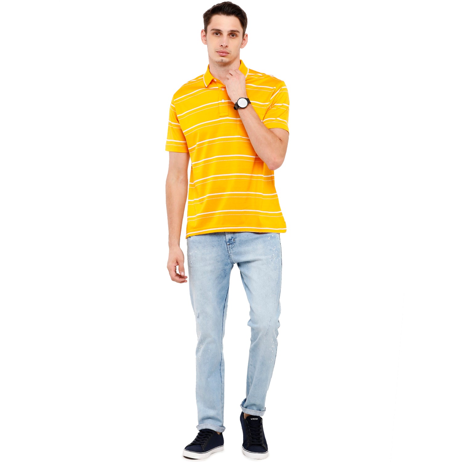 Classic Polo Men's Striped Authentic Fit Half Sleeve Premium Yellow Stripe T-Shirt - Ultimo - 256 B T-shirt Classic Polo 