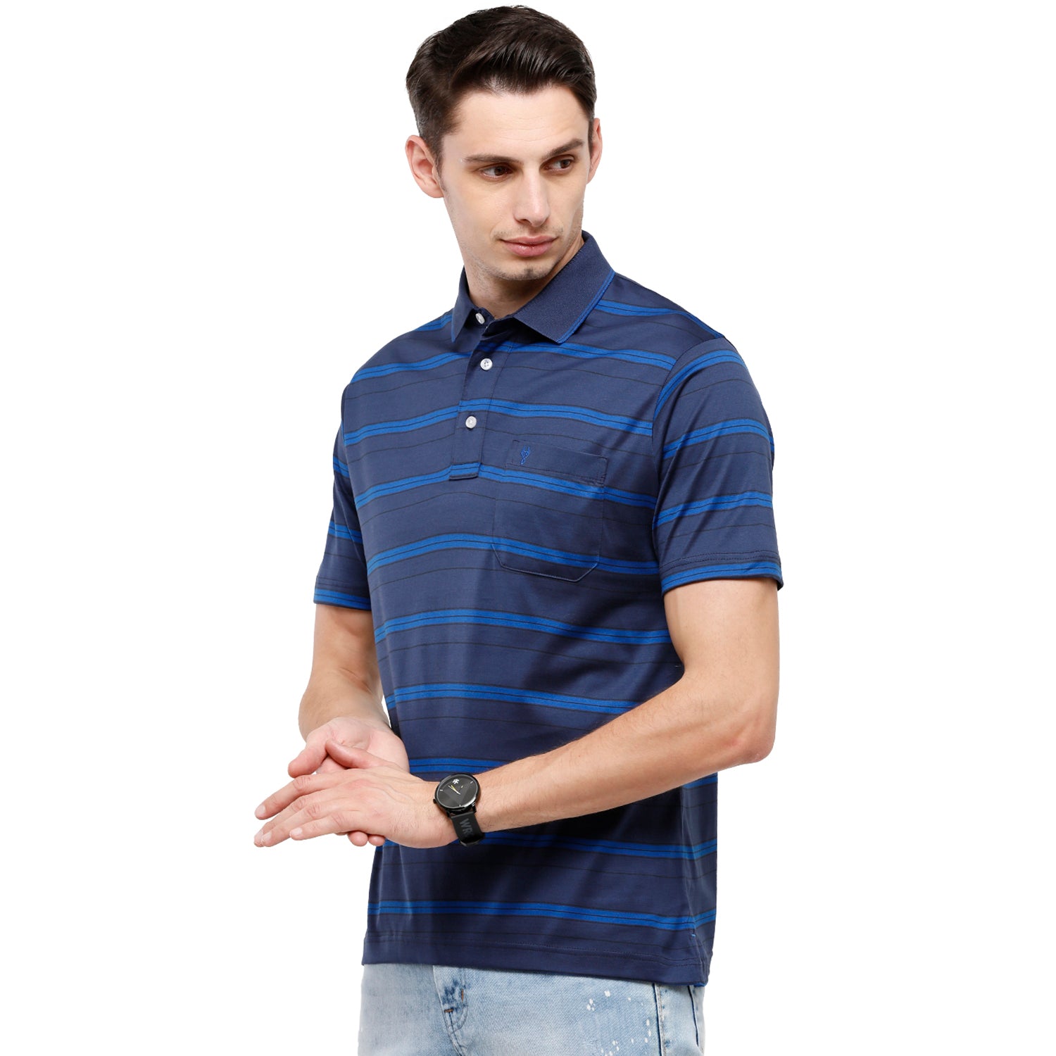 Classic Polo Men's Striped Authentic Fit Half Sleeve Premium Navy Blue Stripe T-Shirt - Ultimo258 B AF P T-shirt Classic Polo 