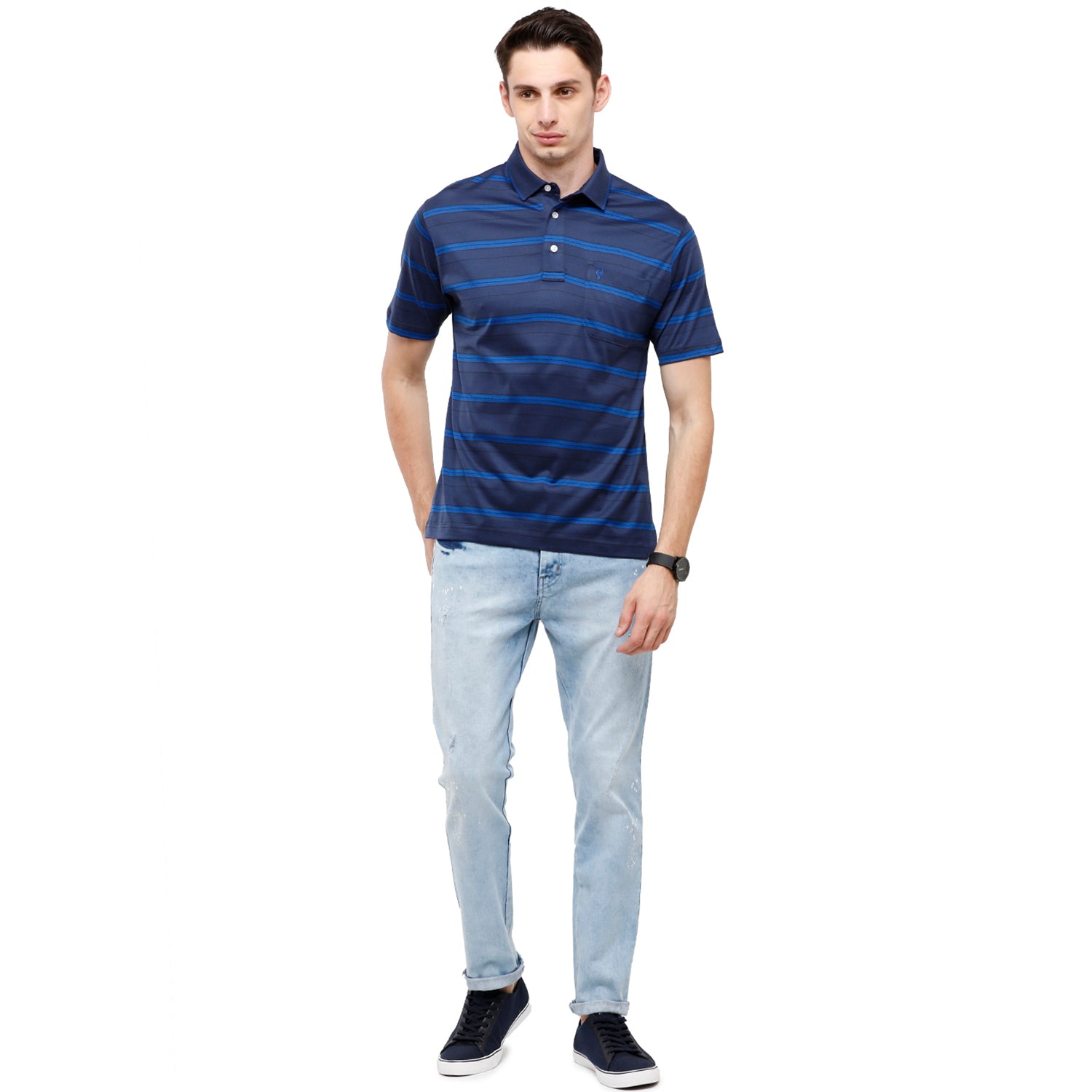 Classic Polo Men's Striped Authentic Fit Half Sleeve Premium Navy Blue Stripe T-Shirt - Ultimo258 B AF P T-shirt Classic Polo 
