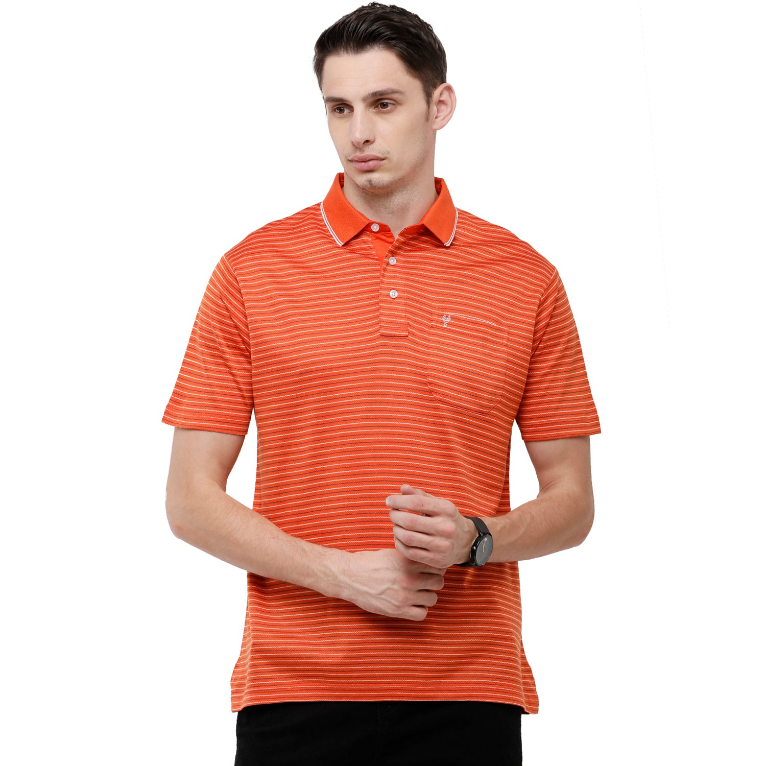 Classic Polo Men's Striped Authentic Fit Half Sleeve Premium Saffron Red Stripe T-Shirt - Ultimo - - 261 B T-shirt Classic Polo 