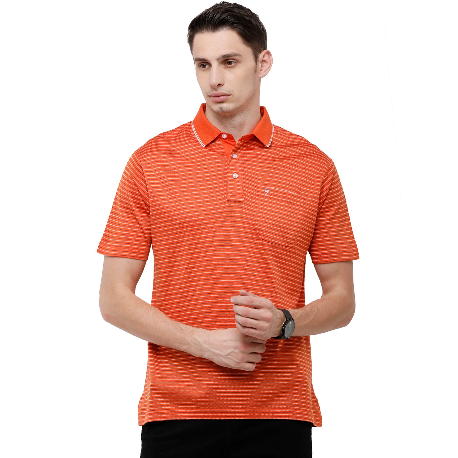 Classic Polo Men's Striped Authentic Fit Half Sleeve Premium Saffron Red Stripe T-Shirt - Ultimo - - 261 B T-shirt Classic Polo 
