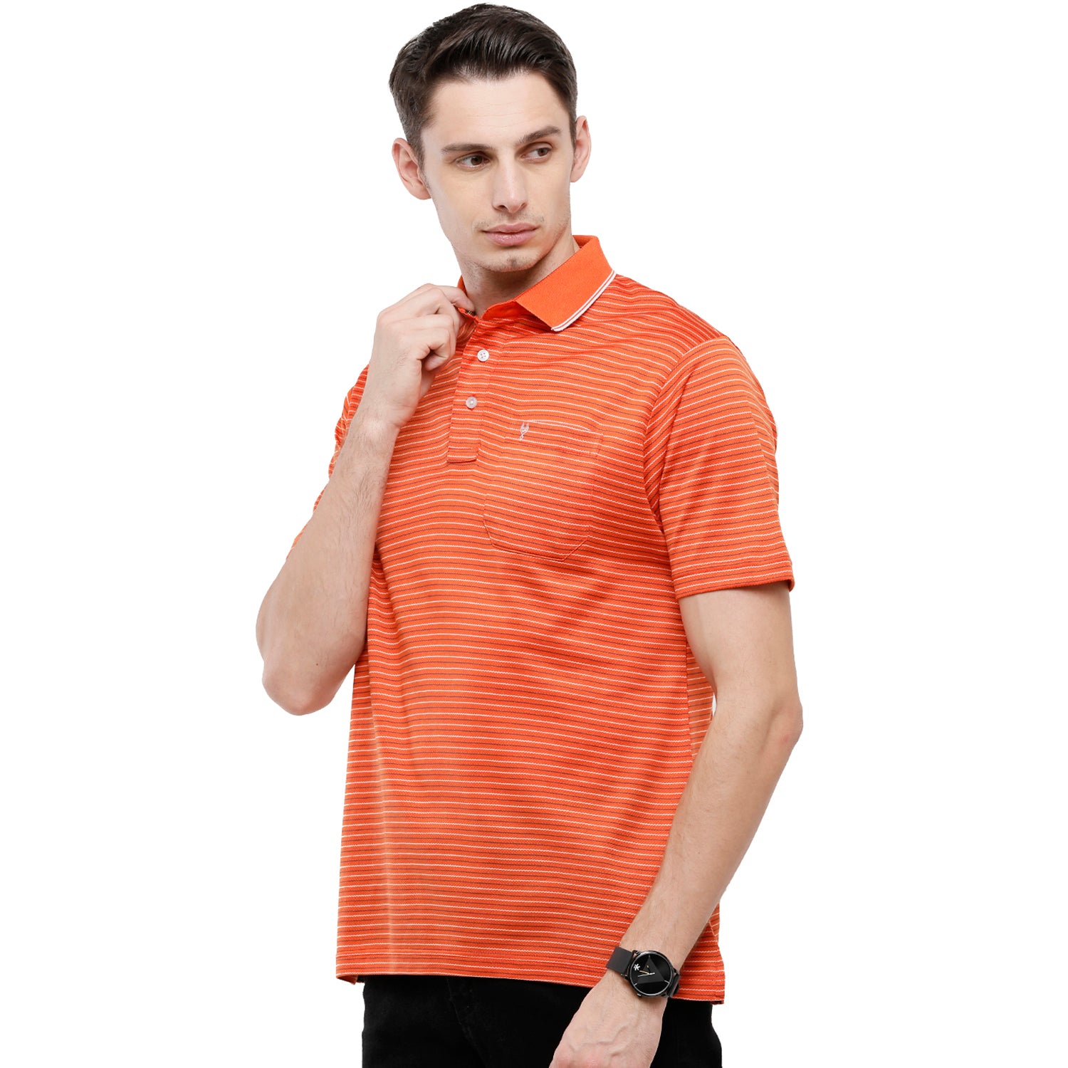 Classic Polo Men's Striped Authentic Fit Half Sleeve Premium Saffron Red Stripe T-Shirt - Ultimo - - 261 B T-shirt Classic Polo 