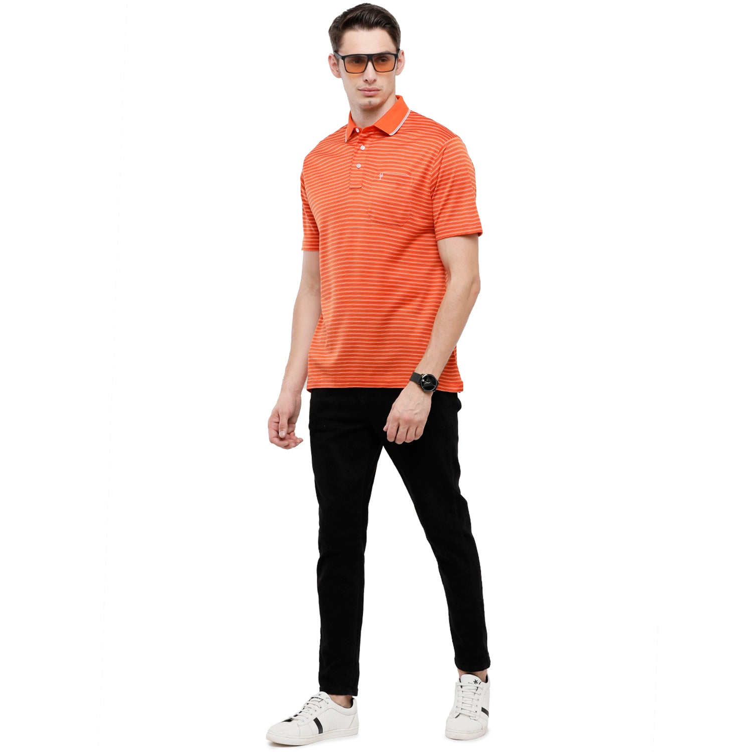 Classic Polo Men's Striped Authentic Fit Half Sleeve Premium Saffron Red Stripe T-Shirt - Ultimo - - 261 B T-shirt Classic Polo 