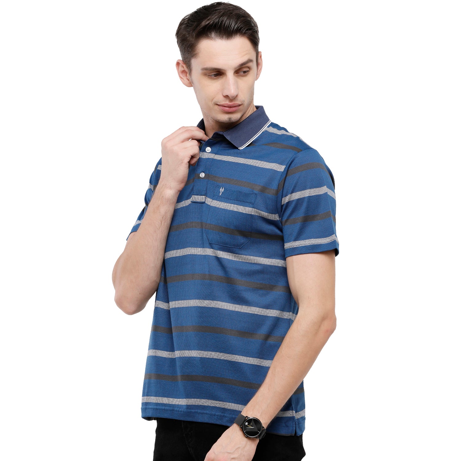 Classic Polo Men's Striped Authentic Fit Half Sleeve Premium Blue Stripe T-Shirt - Ultimo - 262 A T-shirt Classic Polo 