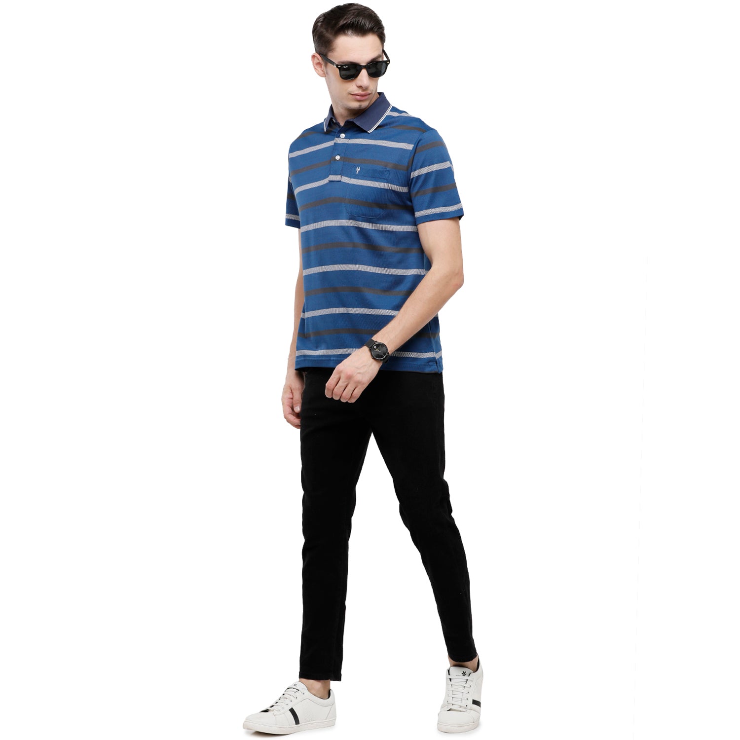 Classic Polo Men's Striped Authentic Fit Half Sleeve Premium Blue Stripe T-Shirt - Ultimo - 262 A T-shirt Classic Polo 