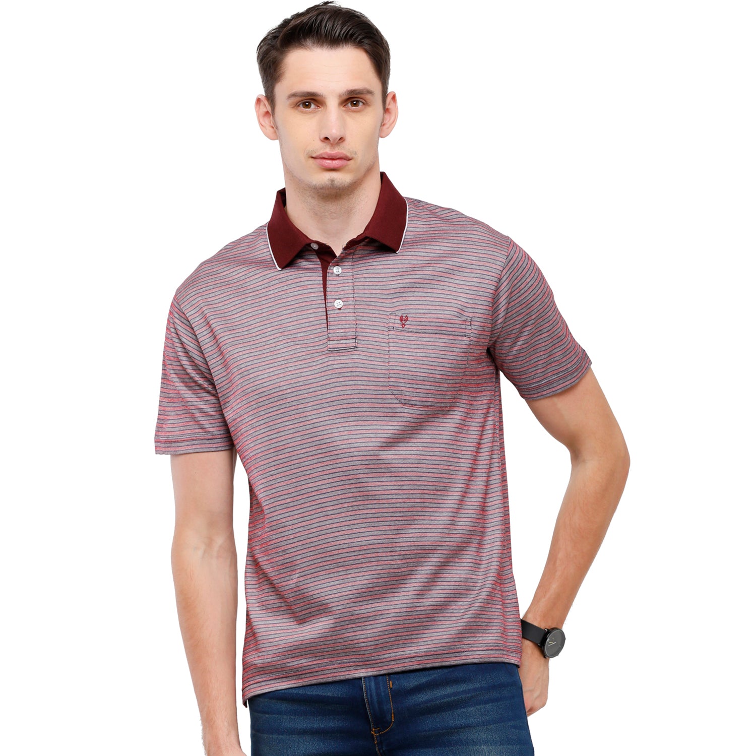 Classic Polo Men's Striped Authentic Fit Half Sleeve Premium Maroon Pink Stripe T-Shirt - Ultimo - 263 B T-shirt Classic Polo 