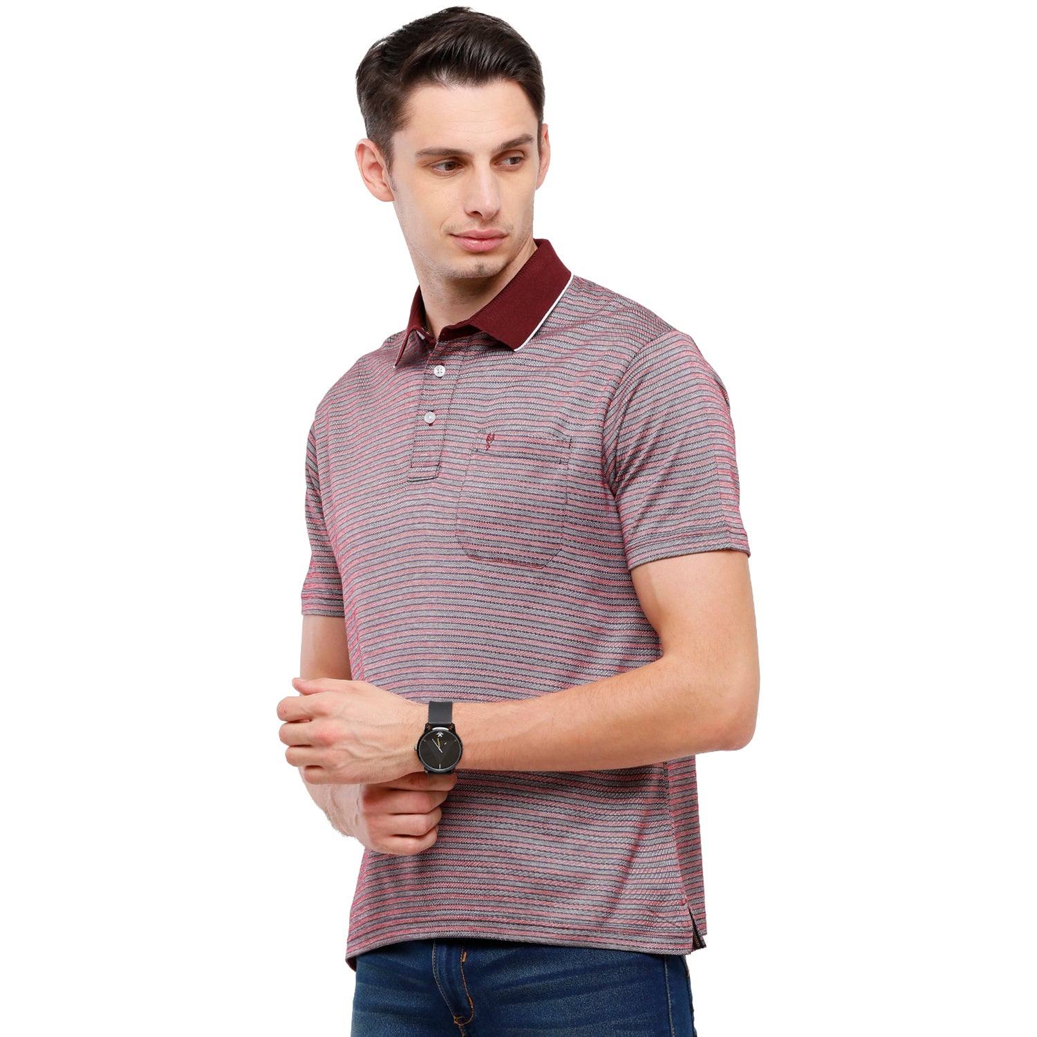 Classic Polo Men's Striped Authentic Fit Half Sleeve Premium Maroon Pink Stripe T-Shirt - Ultimo - 263 B T-shirt Classic Polo 