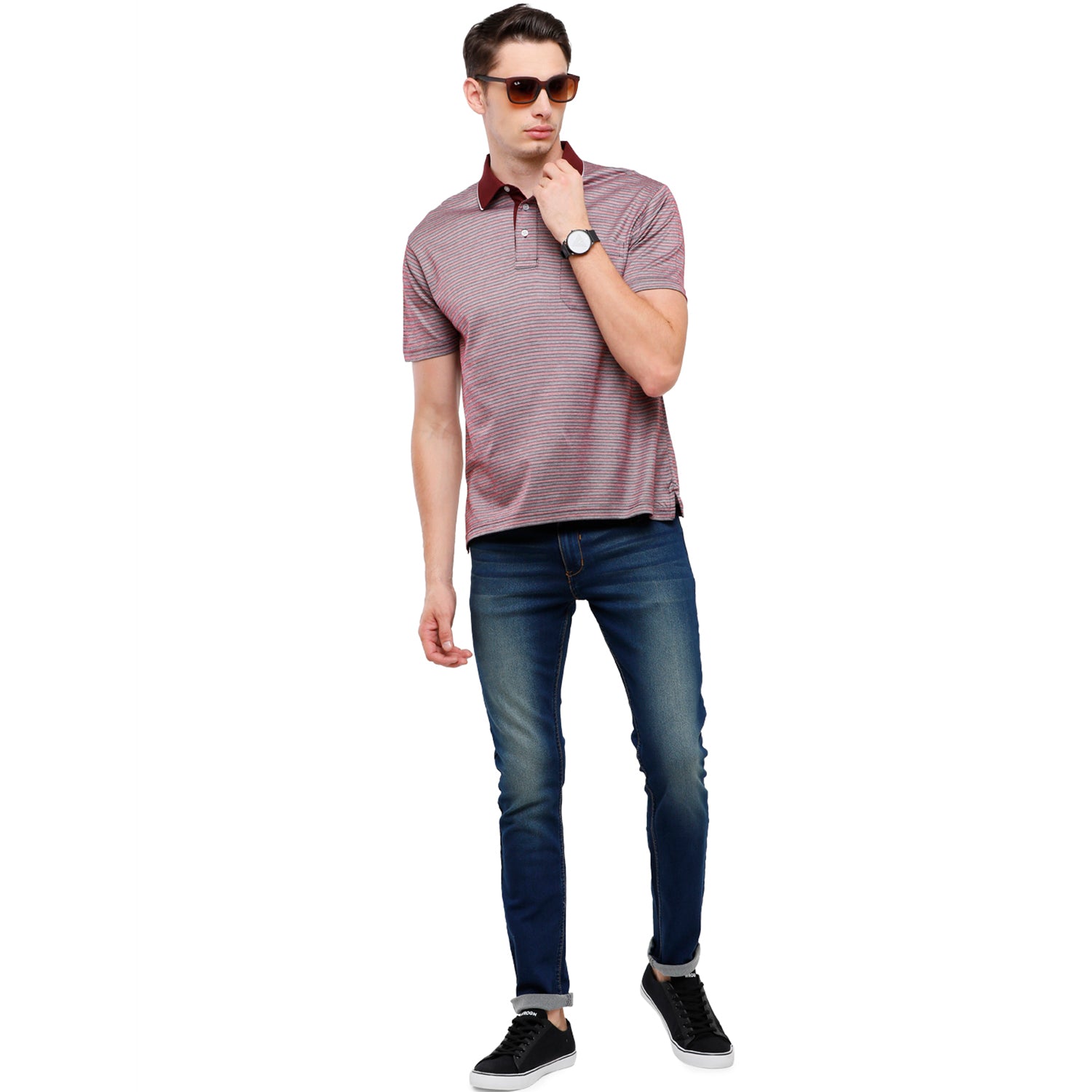 Classic Polo Men's Striped Authentic Fit Half Sleeve Premium Maroon Pink Stripe T-Shirt - Ultimo - 263 B T-shirt Classic Polo 
