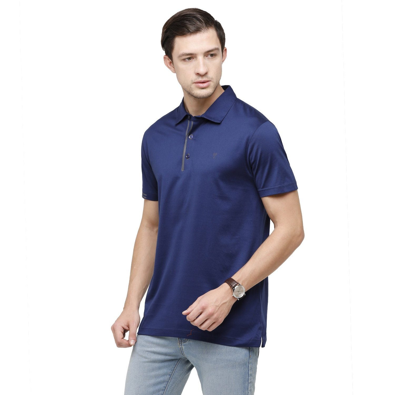 Classic Polo Mens Solid Polo Neck Half Sleeve Slim Fit 100% Cotton Navy Blue Fashion T-Shirt ( UNICO - 14 A SF P ) T-shirt Classic Polo 