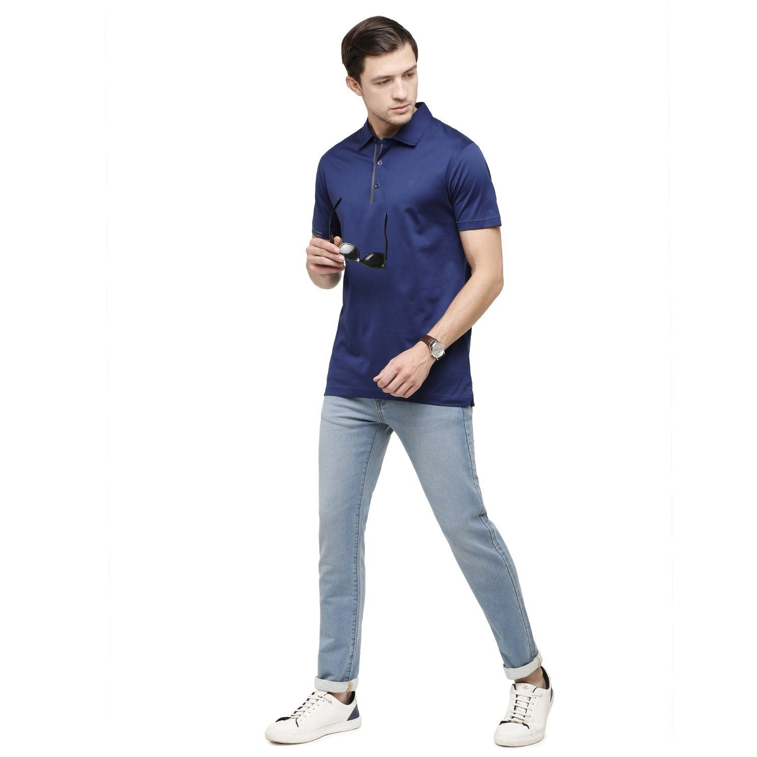 Classic Polo Mens Solid Polo Neck Half Sleeve Slim Fit 100% Cotton Navy Blue Fashion T-Shirt ( UNICO - 14 A SF P ) T-shirt Classic Polo 