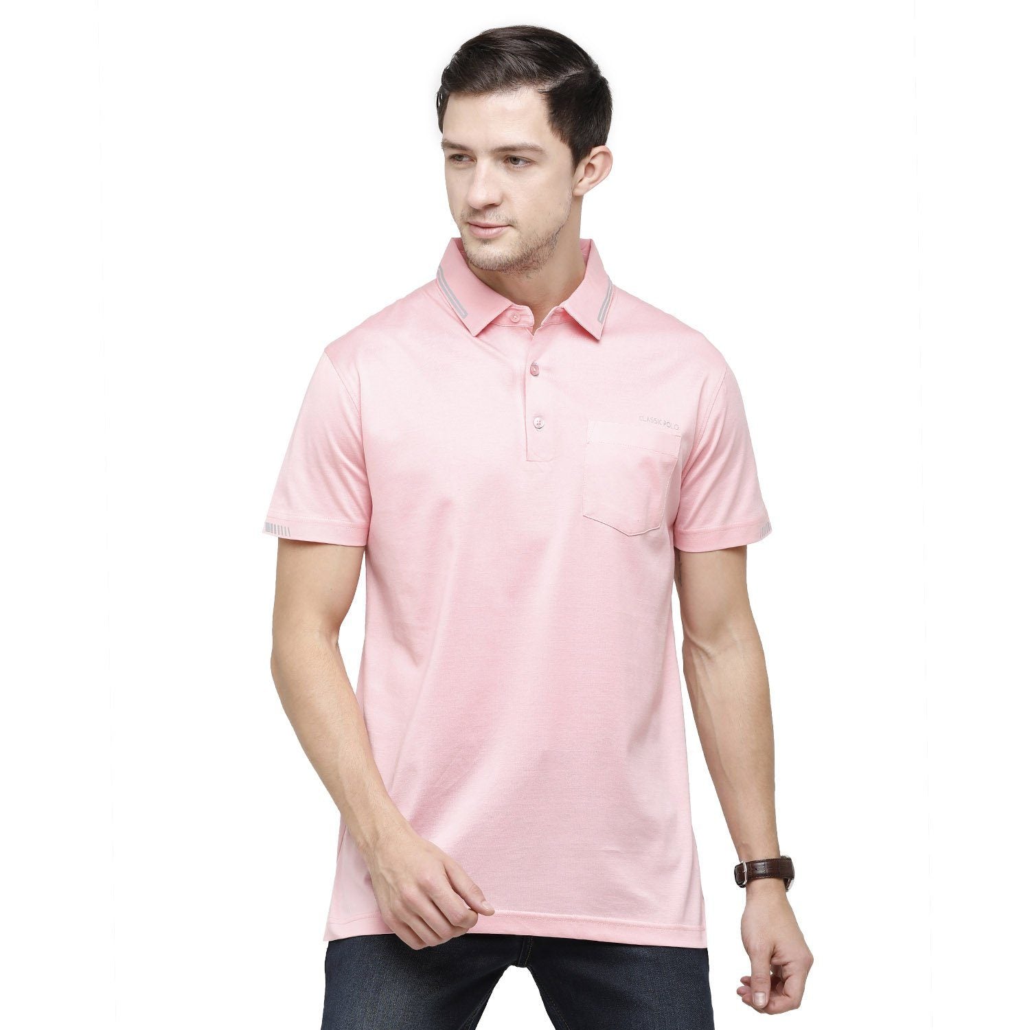 Classic Polo Mens Solid Polo Neck Half Sleeve Slim Fit 100% Cotton Pink Fashion T-Shirt ( UNICO - 15 A SF P ) T-shirt Classic Polo 