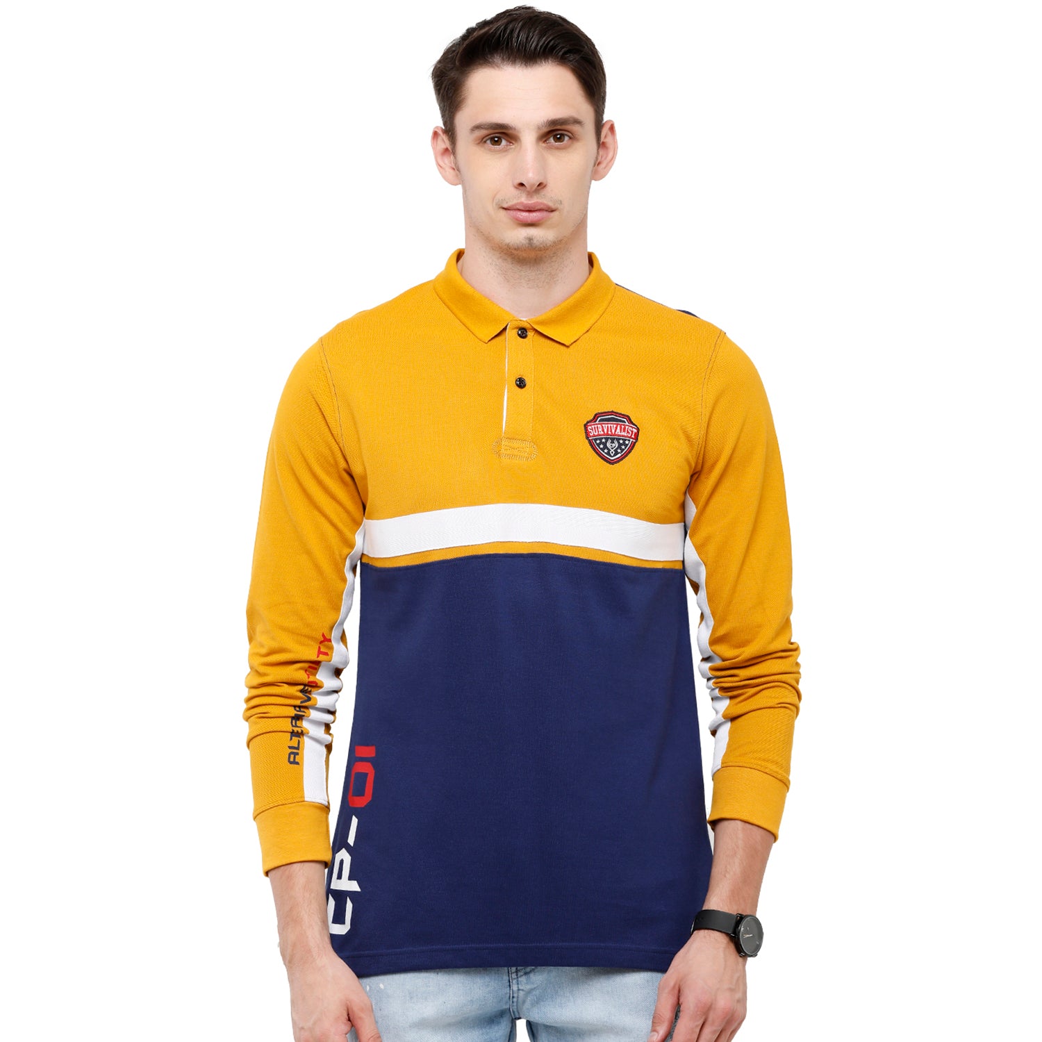 Classic Polo Men's Yellow & Blue Color Block Polo Full Sleeve Slim Fit T-Shirt - VERNO - 258 A SF P T-shirt Classic Polo 
