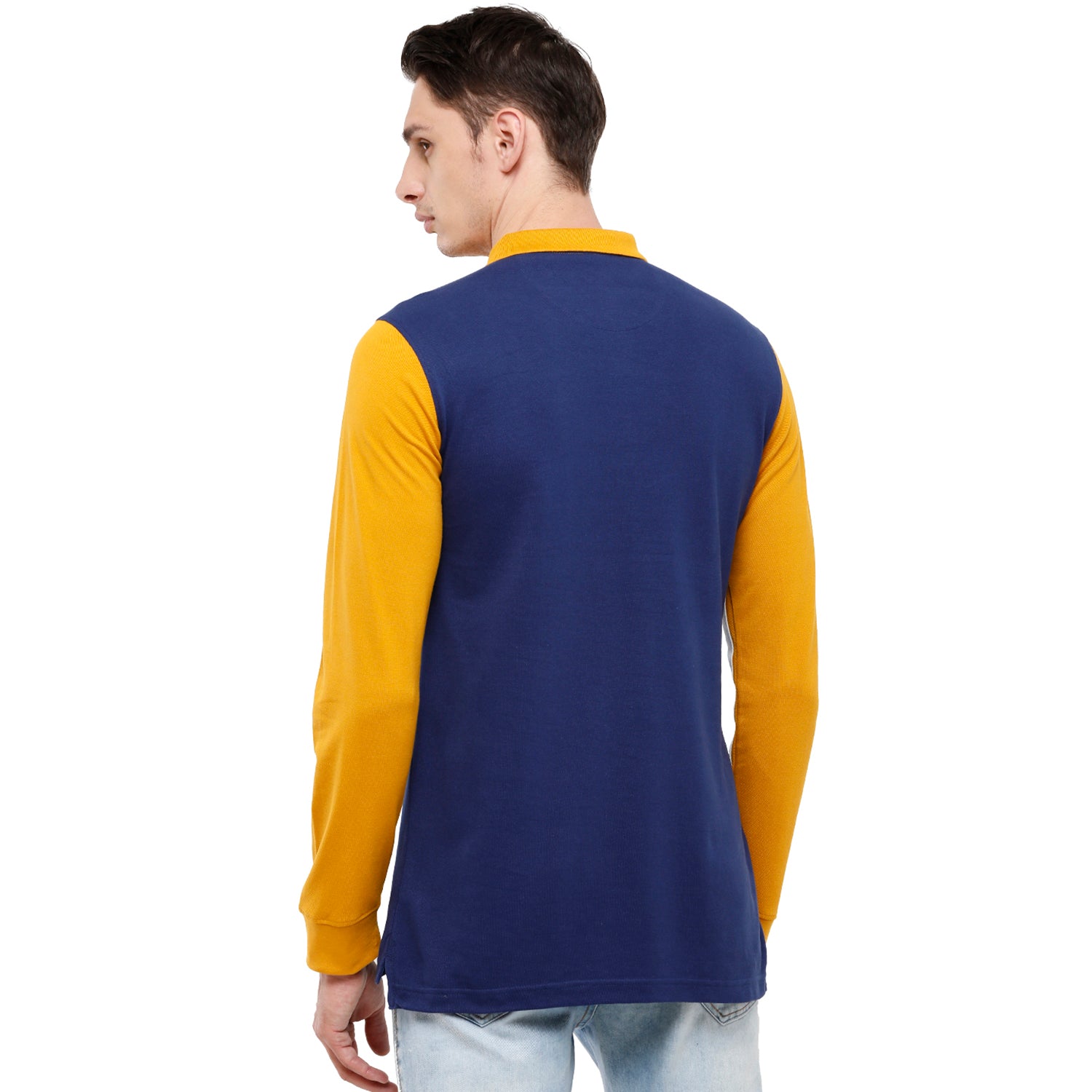 Classic Polo Men's Yellow & Blue Color Block Polo Full Sleeve Slim Fit T-Shirt - VERNO - 258 A SF P T-shirt Classic Polo 