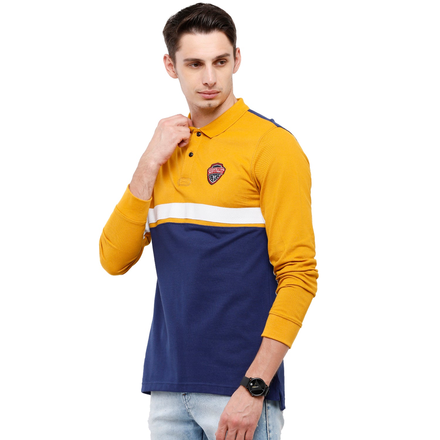 Classic Polo Men's Yellow & Blue Color Block Polo Full Sleeve Slim Fit T-Shirt - VERNO - 258 A SF P T-shirt Classic Polo 