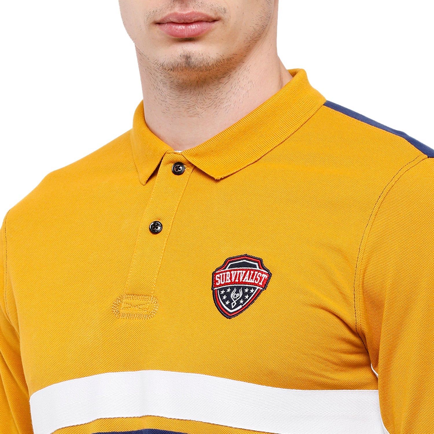 Classic Polo Men's Yellow & Blue Color Block Polo Full Sleeve Slim Fit T-Shirt - VERNO - 258 A SF P T-shirt Classic Polo 