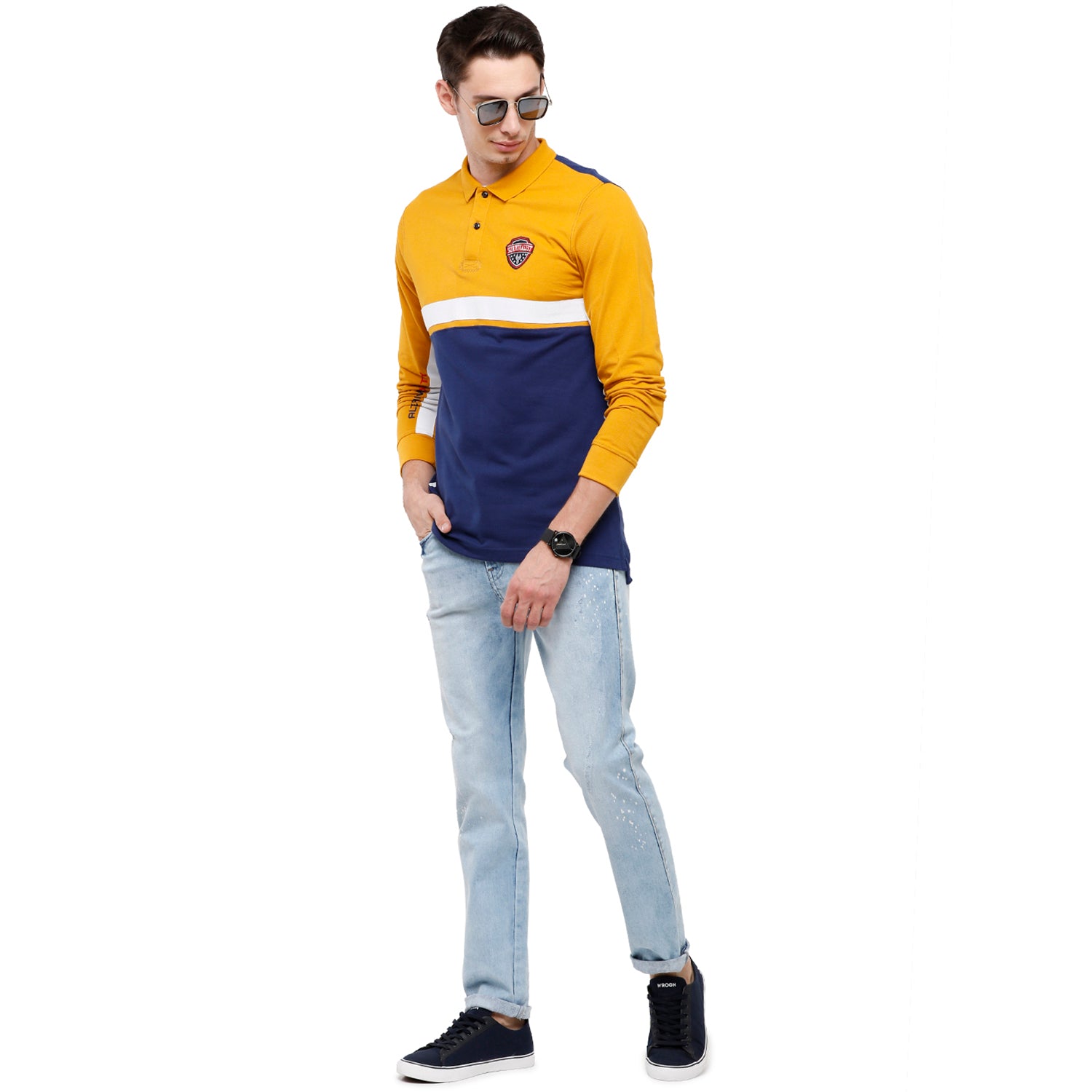 Classic Polo Men's Yellow & Blue Color Block Polo Full Sleeve Slim Fit T-Shirt - VERNO - 258 A SF P T-shirt Classic Polo 