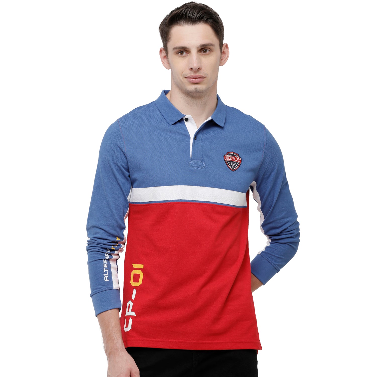 Classic Polo Men's Red & Blue Color Block Polo Full Sleeve Slim Fit T-Shirt - VERNO - 258 B SF P T-shirt Classic Polo 