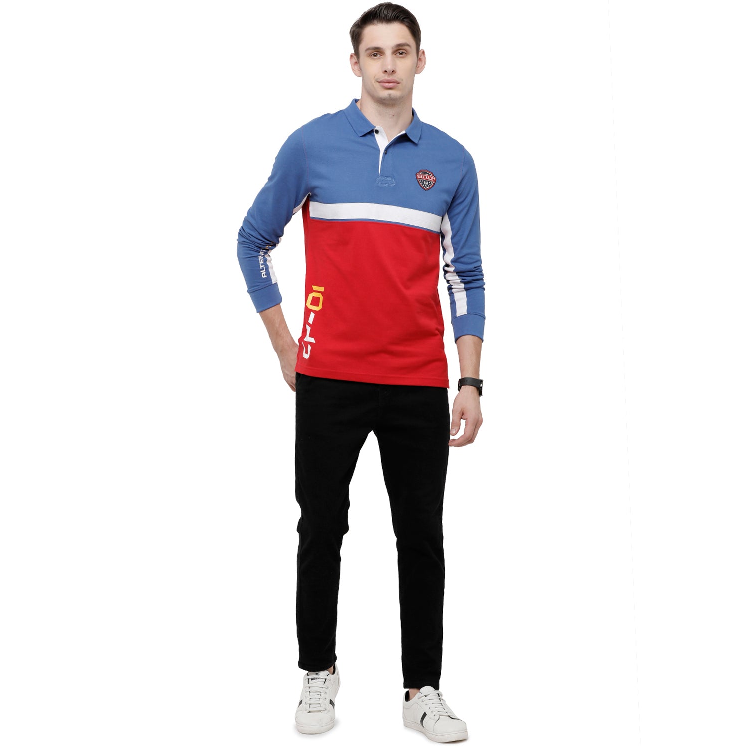 Classic Polo Men's Red & Blue Color Block Polo Full Sleeve Slim Fit T-Shirt - VERNO - 258 B SF P T-shirt Classic Polo 