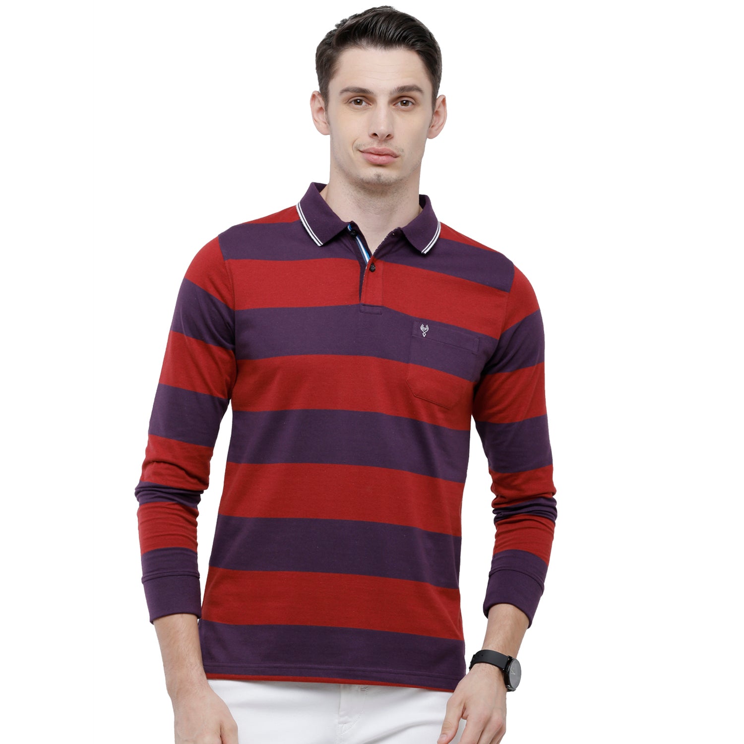 Classic Polo Men's Red & Blue Striped Polo Full Sleeve Slim Fit T-Shirt - VERNO - 262 A SF P T-shirt Classic Polo 
