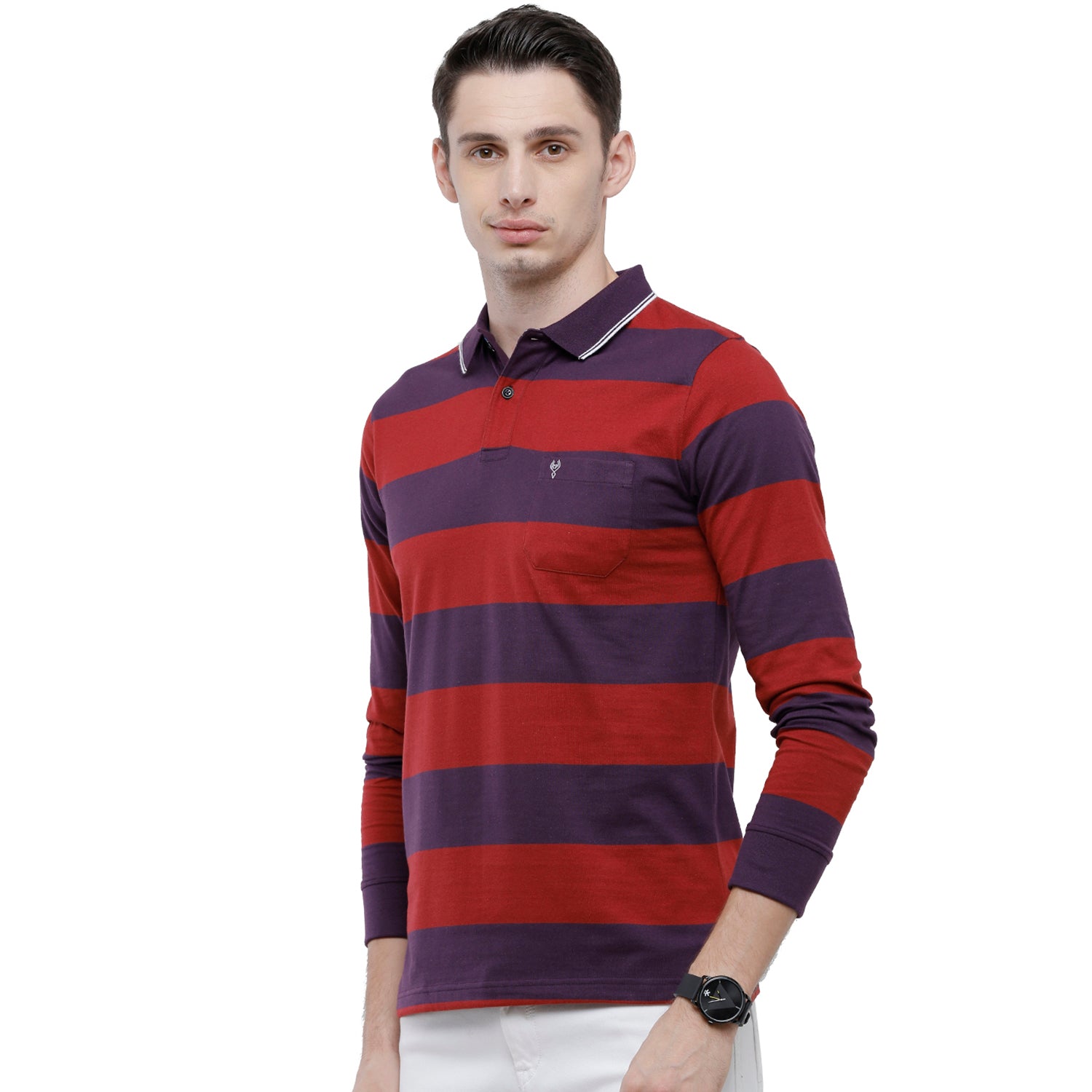 Classic Polo Men's Red & Blue Striped Polo Full Sleeve Slim Fit T-Shirt - VERNO - 262 A SF P T-shirt Classic Polo 
