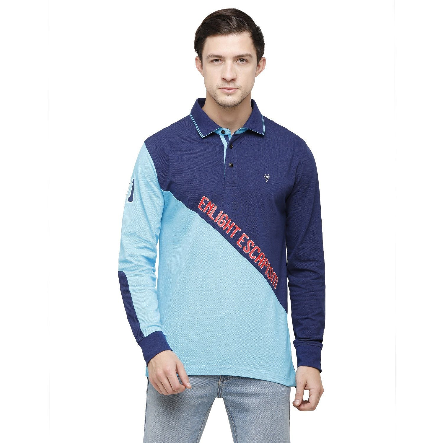 Classic Polo Men's Blue Color Block Polo Full Sleeve Slim Fit T-Shirt - VERNO - 255 A SF P T-shirt Classic Polo 