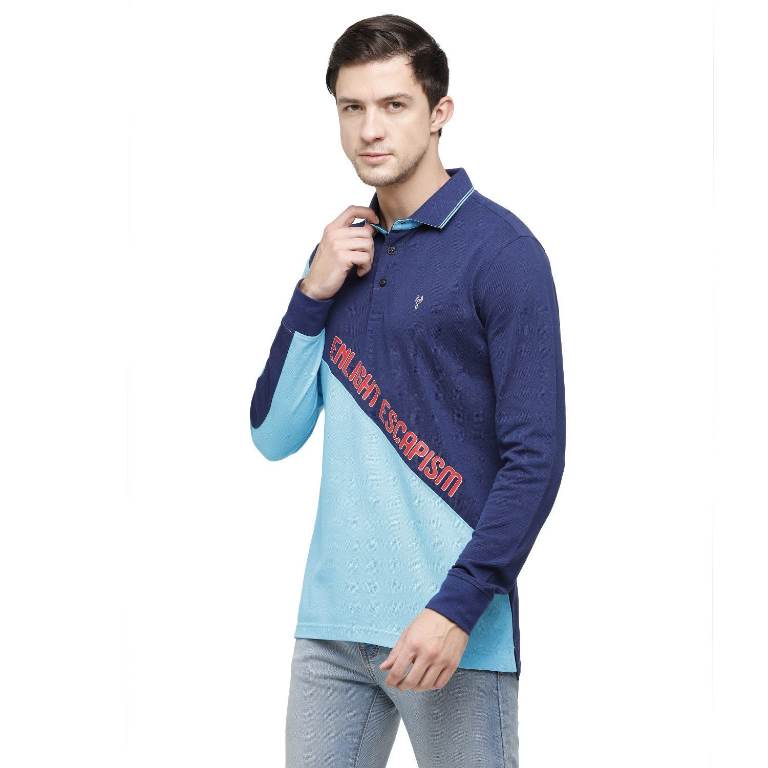 Classic Polo Men's Blue Color Block Polo Full Sleeve Slim Fit T-Shirt - VERNO - 255 A SF P T-shirt Classic Polo 