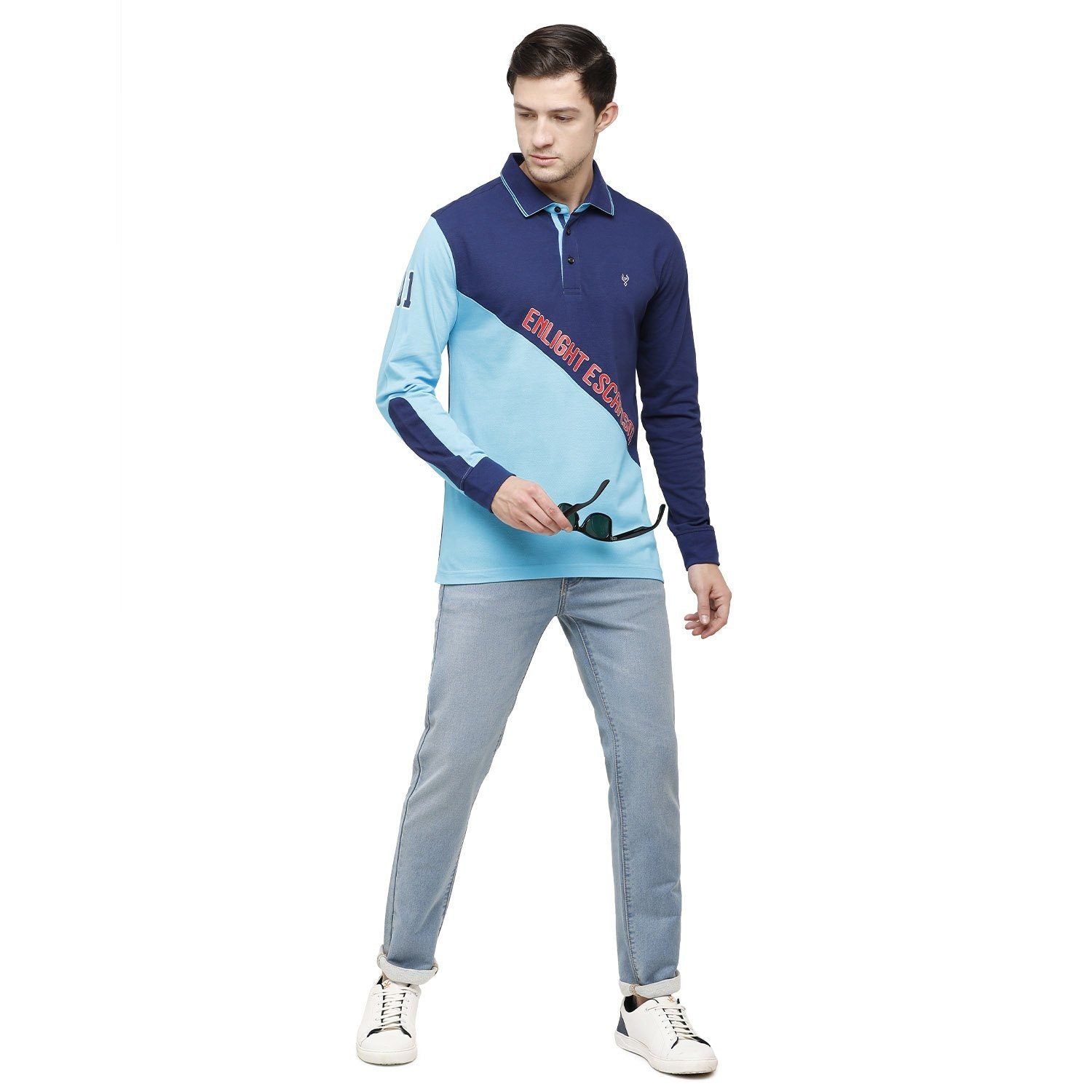 Classic Polo Men's Blue Color Block Polo Full Sleeve Slim Fit T-Shirt - VERNO - 255 A SF P T-shirt Classic Polo 