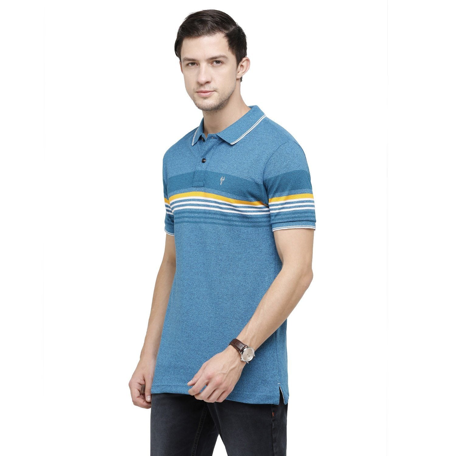 Classic Polo Mens Striped Polo Neck Half Sleeve Slim Fit 100% Cotton Blue Fashion T-Shirt ( VTA - 162 B SF P ) T-shirt Classic Polo 