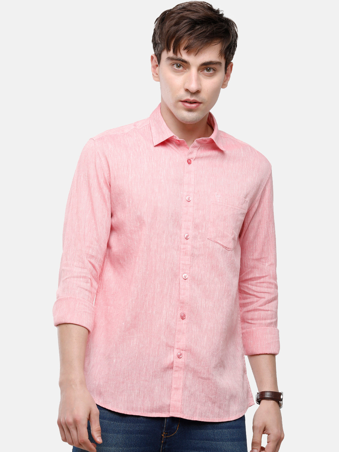 Classic Polo Mens Pink Linen Cotton Solid Full Sleeve Woven Shirt -Porsh Pink FS