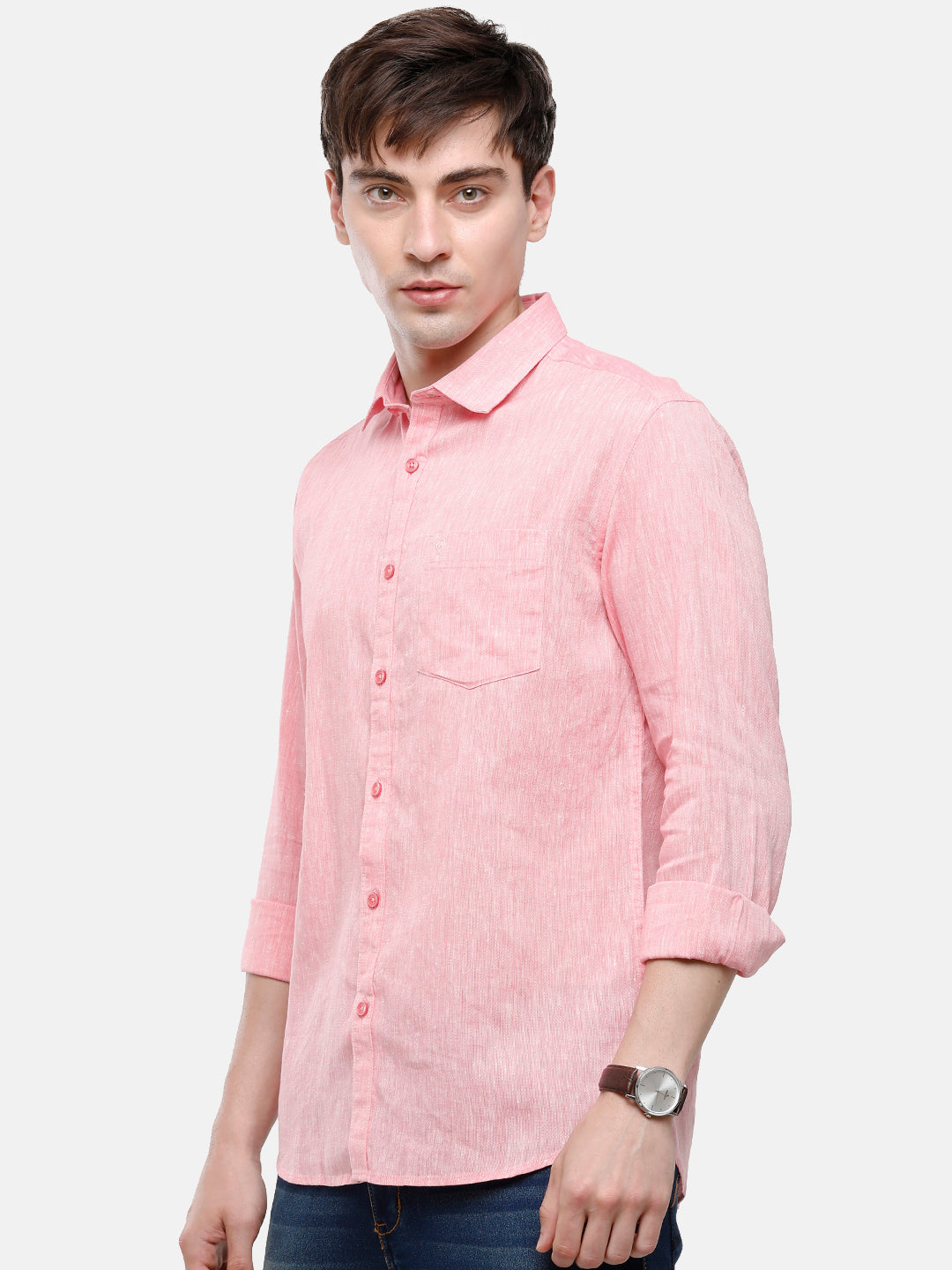 Classic Polo Mens Pink Linen Cotton Solid Full Sleeve Woven Shirt -Porsh Pink FS