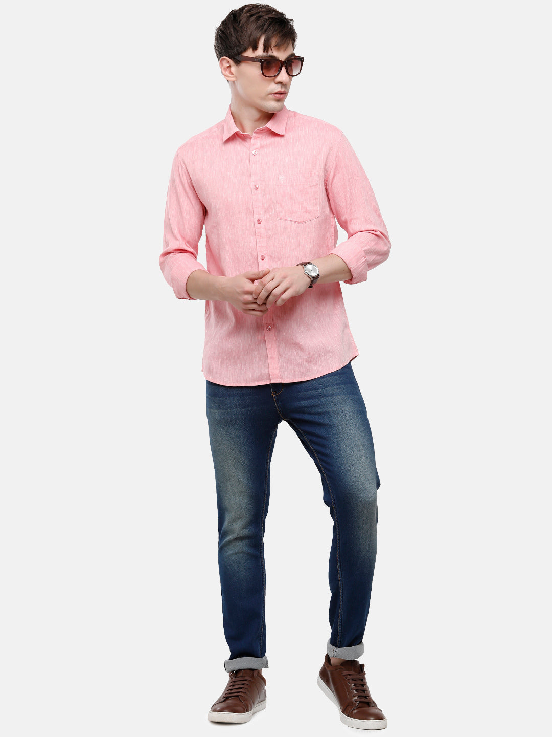 Classic Polo Mens Pink Linen Cotton Solid Full Sleeve Woven Shirt -Porsh Pink FS