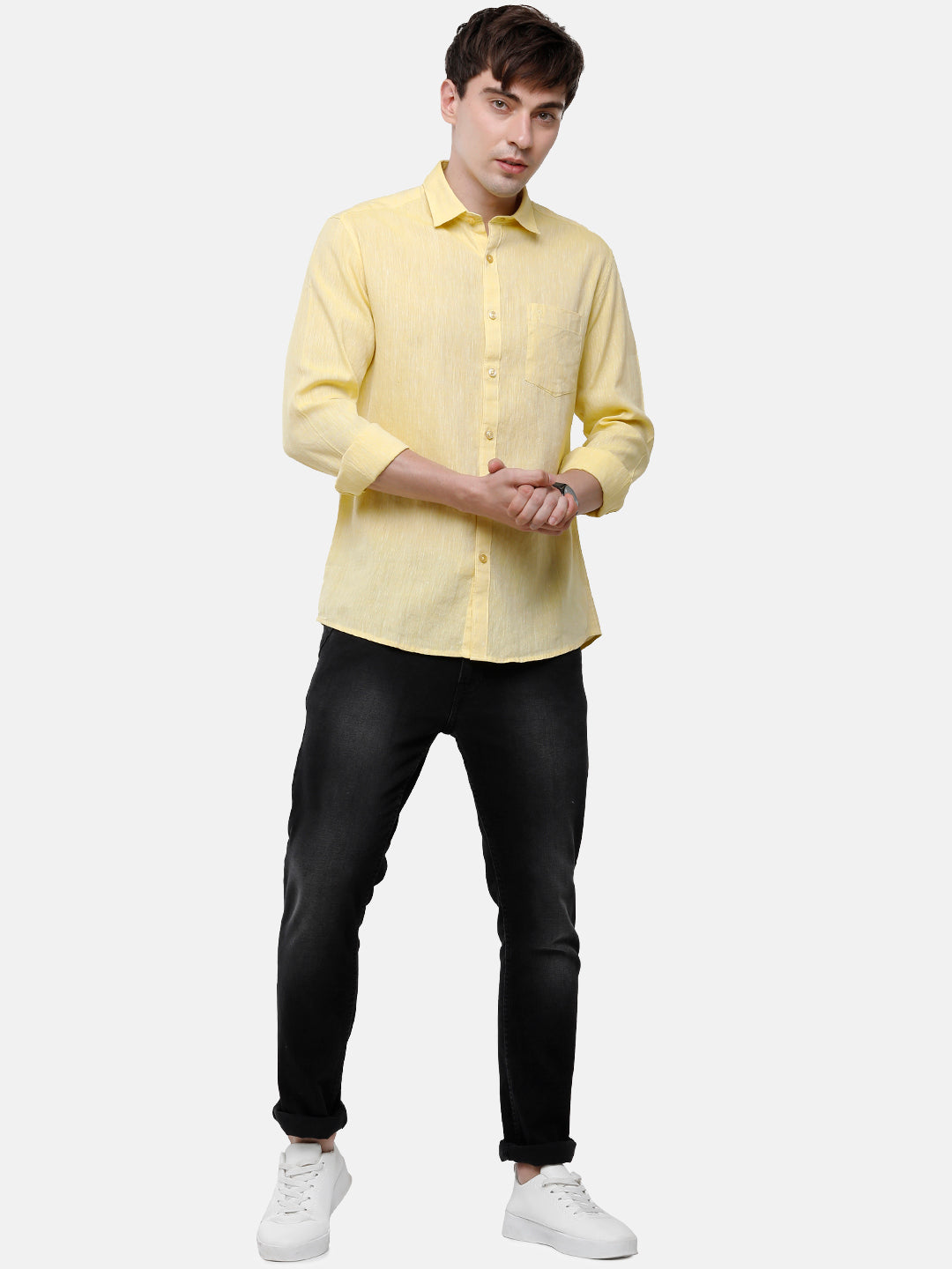 Classic Polo Mens Slim Fit Polo Neck Yellow Woven Shirt - Porsh-Yellow FS